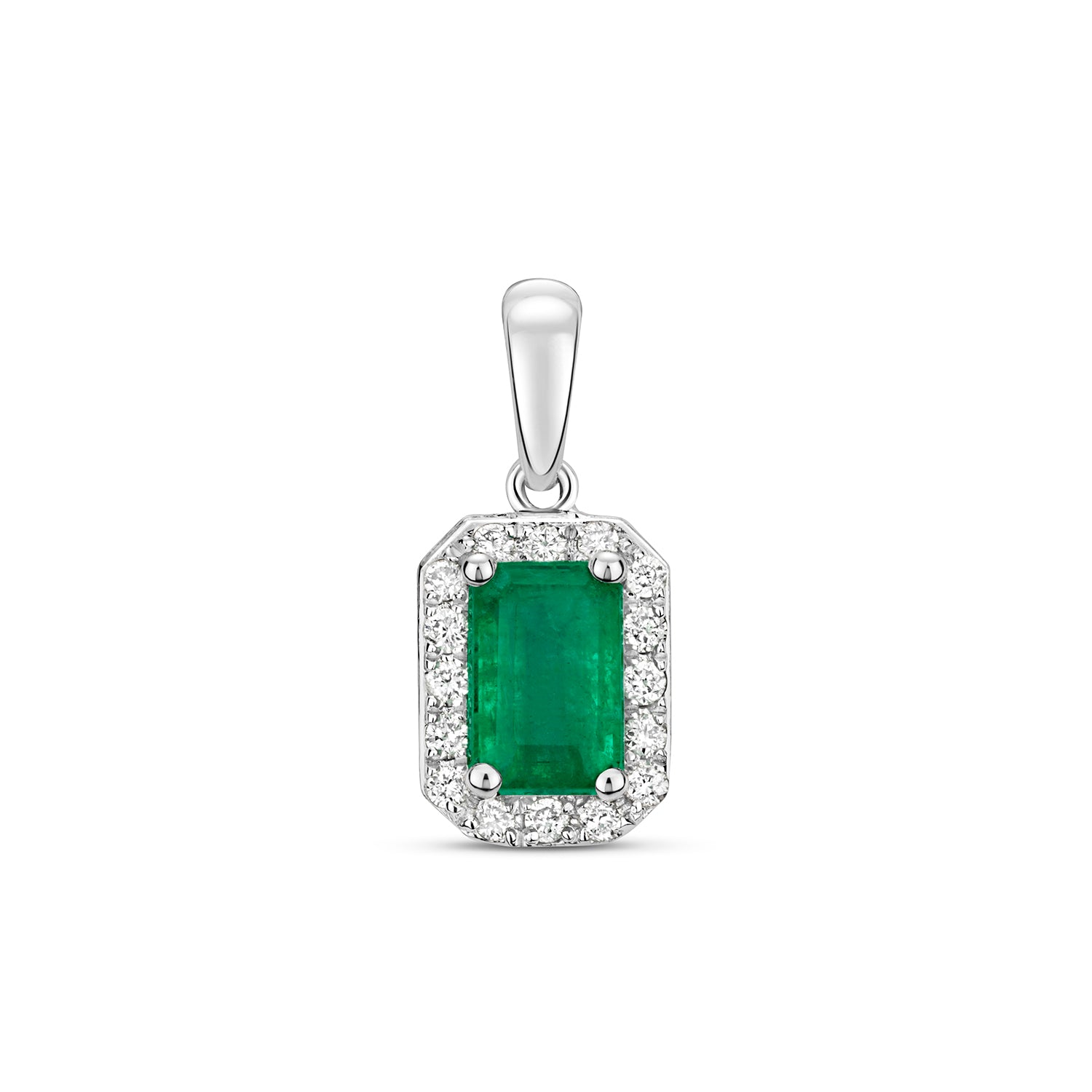 DIAMOND & EMERALD OCTAGON CLUSTER PENDANT IN 9CT WHITE GOLD