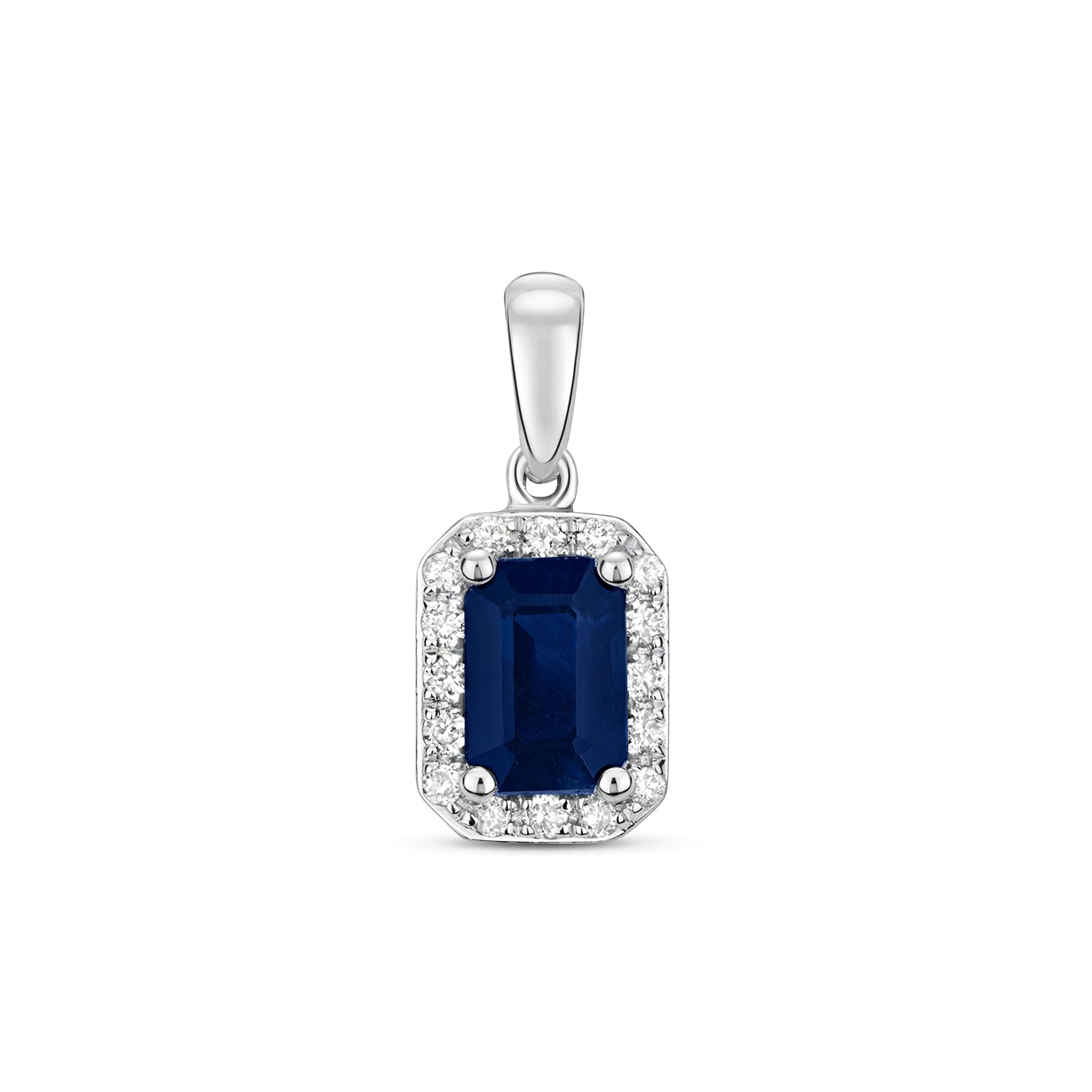 DIAMOND & SAPPHIRE OCTAGON CLUSTER PENDANT IN 9CT WHITE GOLD