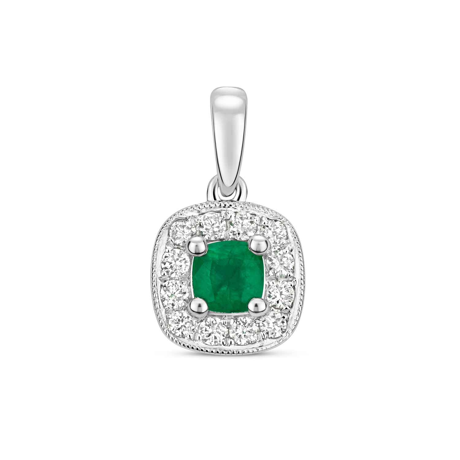 DIAMOND & EMERALD CUSHION CLUSTER PENDANT IN 9CT WHITE GOLD