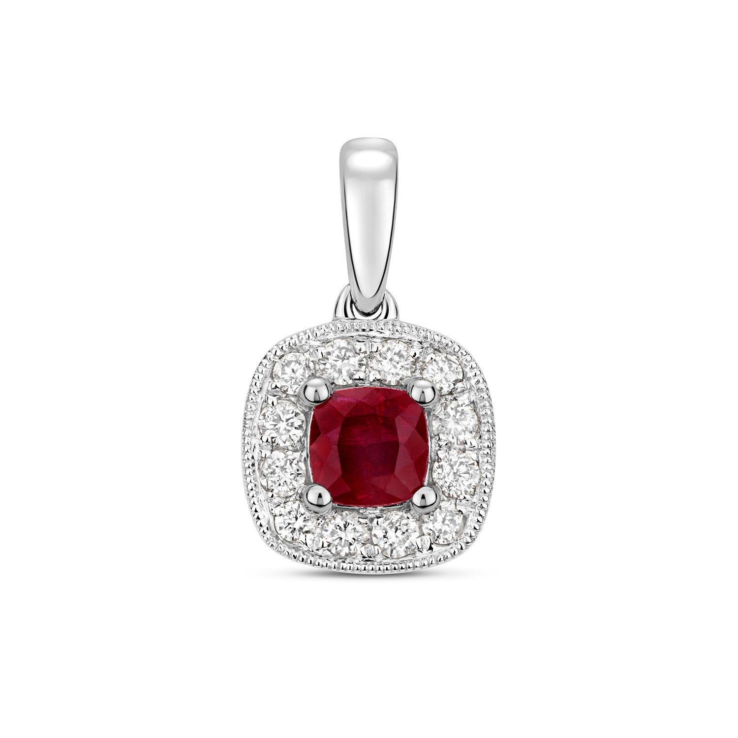 DIAMOND & RUBY CUSHION CLUSTER PENDANT IN 9CT WHITE GOLD