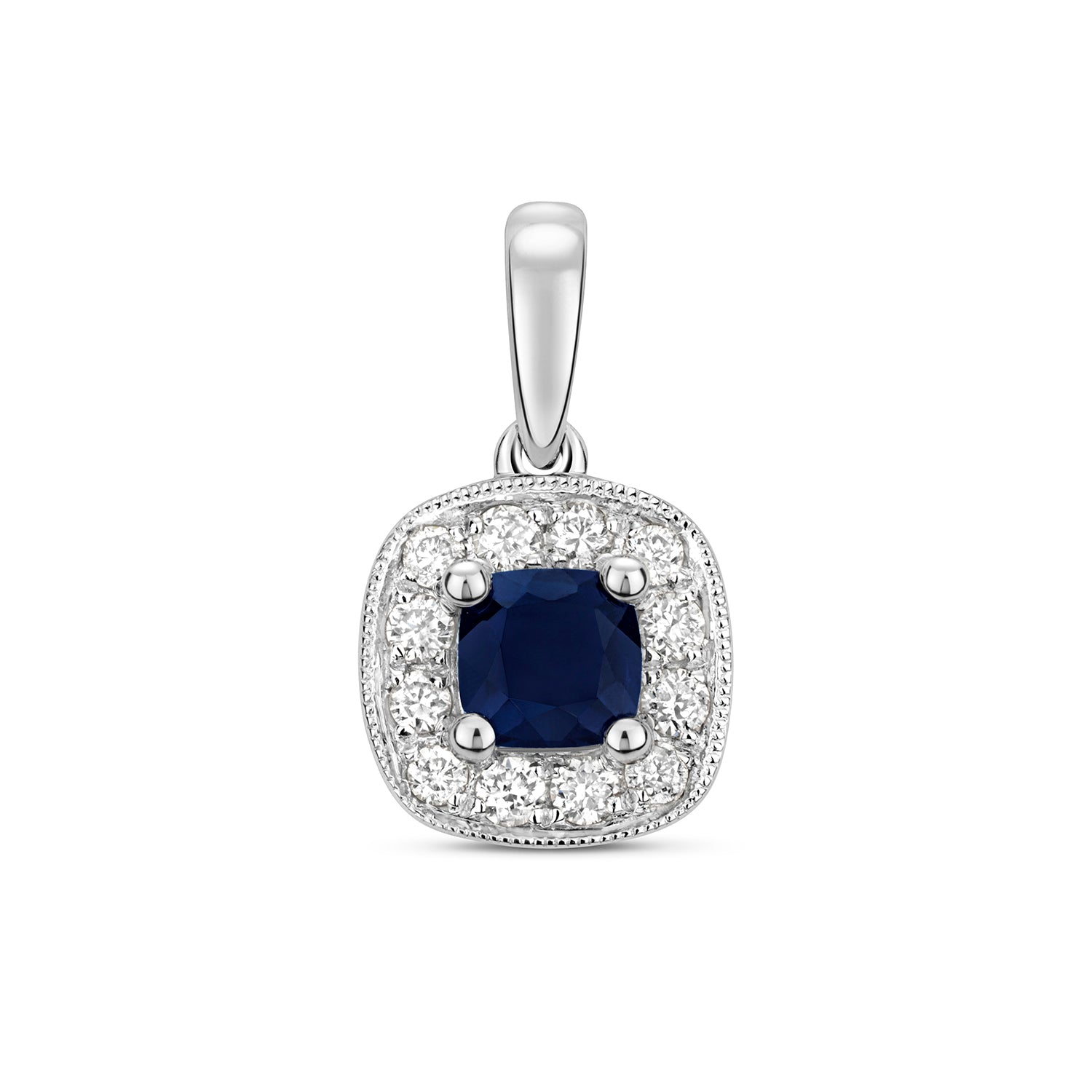 DIAMOND & SAPPHIRE CUSHION CLUSTER PENDANT IN 9CT WHITE GOLD