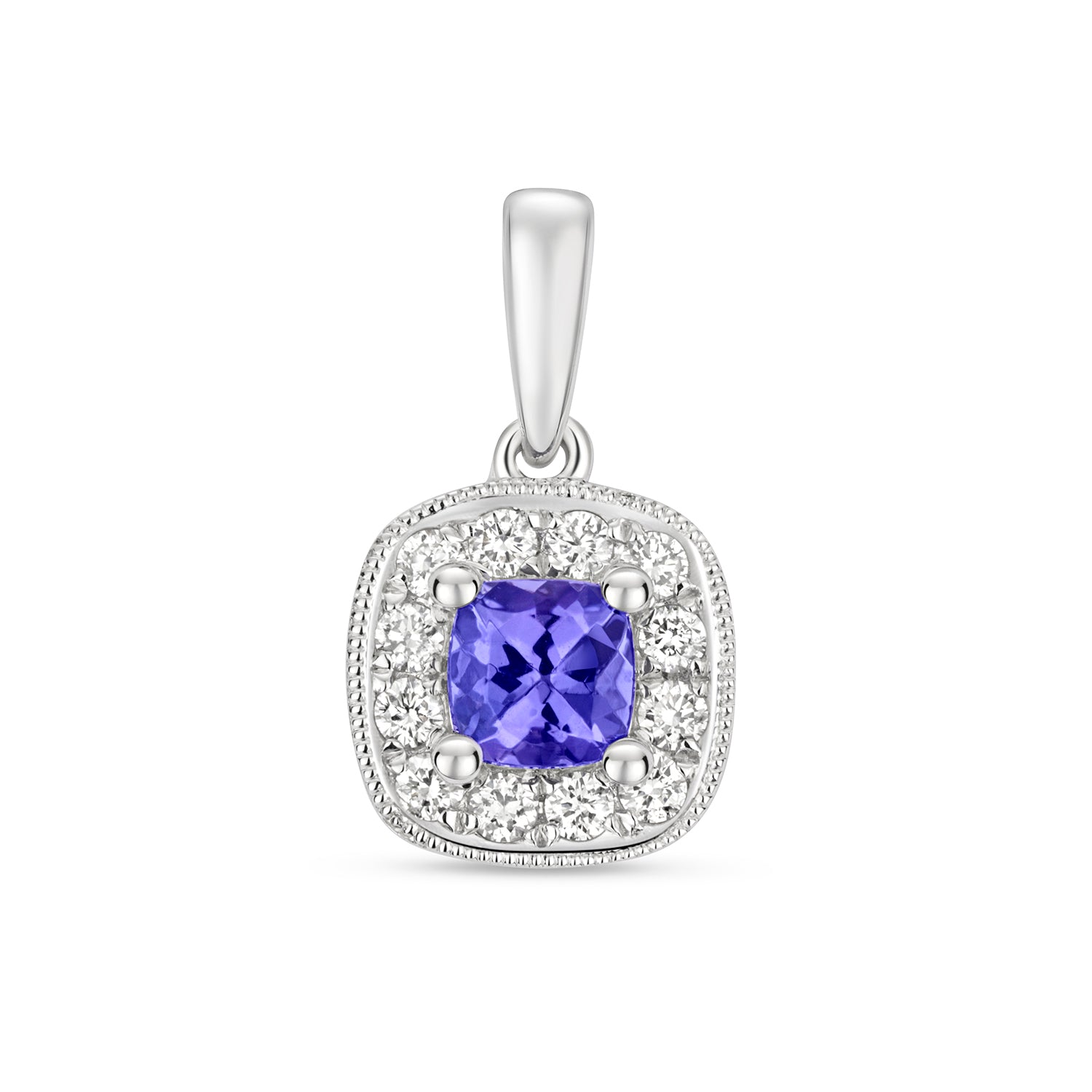 DIAMOND & TANZANITE CUSHION CLUSTER PENDANT IN 9CT WHITE GOLD