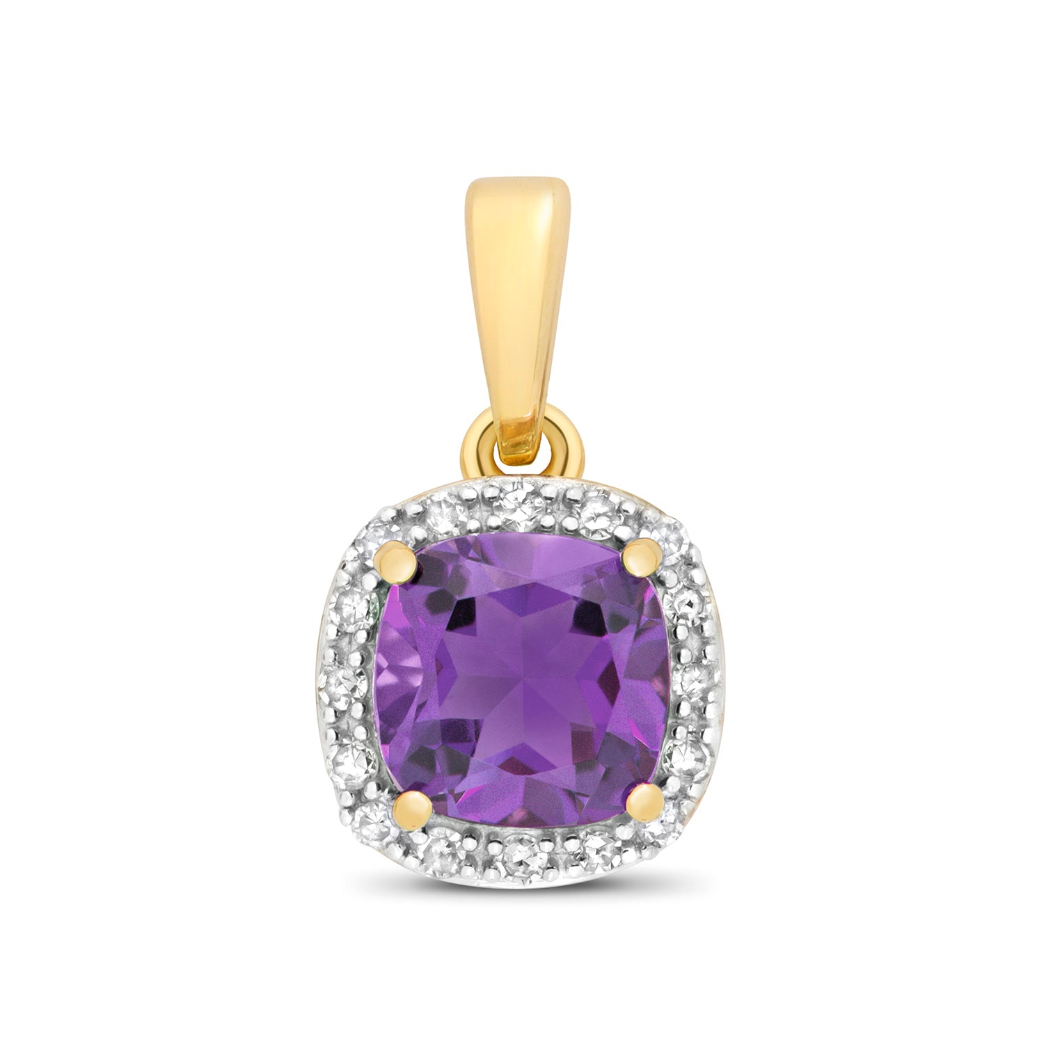 DIAMOND & AMETHYST CUSHION CLUSTER PENDANT IN 9CT GOLD