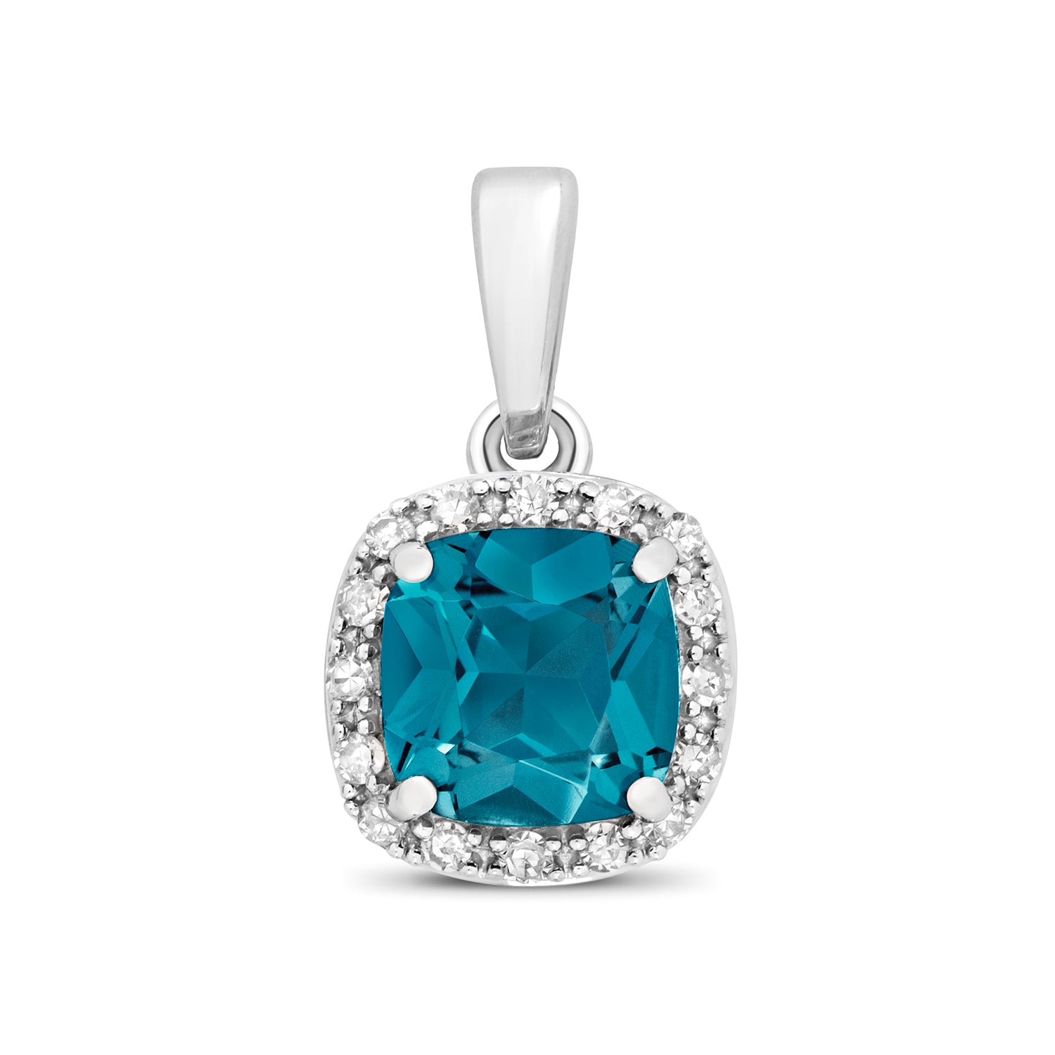 DIAMOND & LONDON BLUE TOPAZ CUSHION CLUSTER PENDANT IN 9CT WHITE GOLD