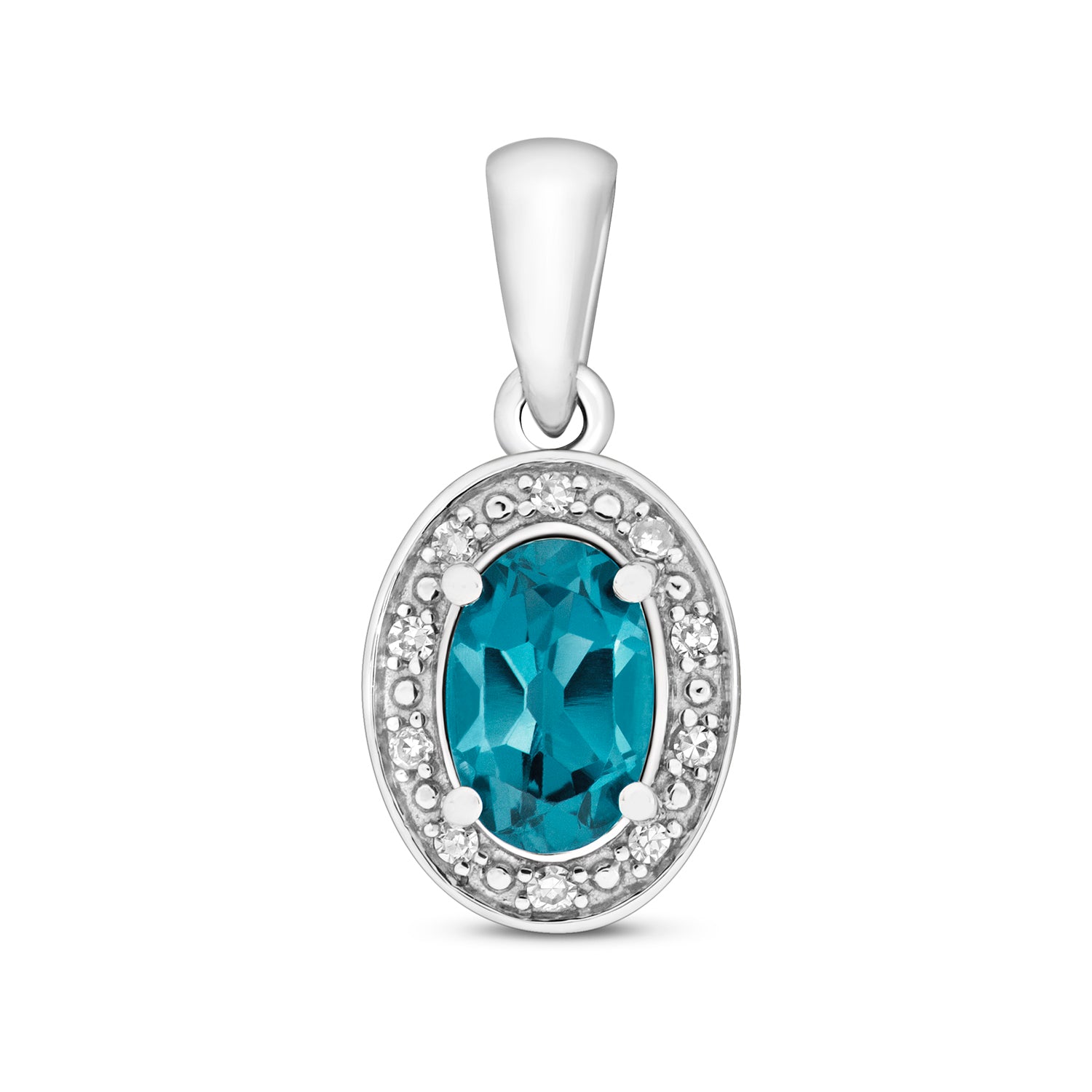 DIAMOND & LONDON BLUE TOPAZ OVAL CLUSTER PENDANT IN 9CT WHITE GOLD