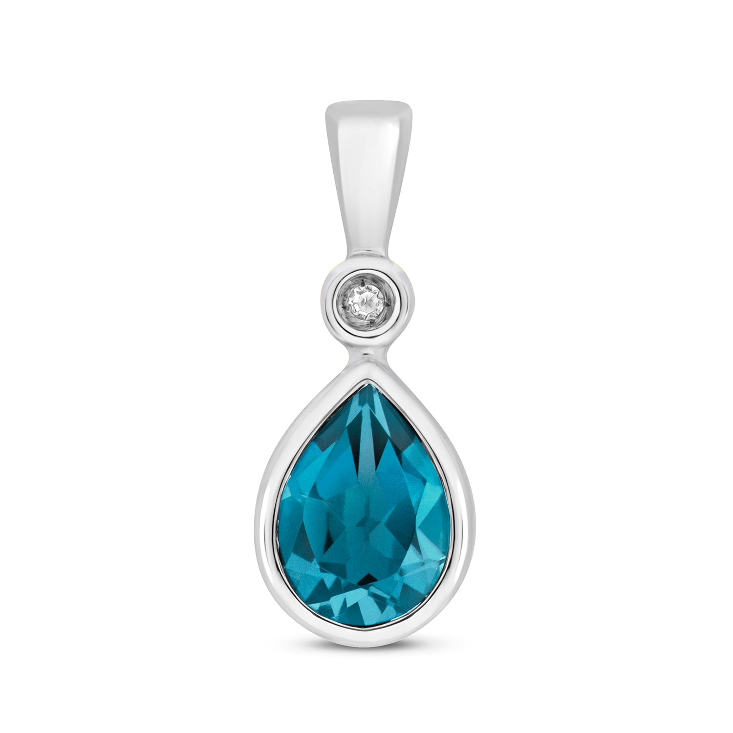 DIAMOND & LONDON BLUE TOPAZ PEAR SHAPE RUBOVER PENDANT IN 9CT GOLD