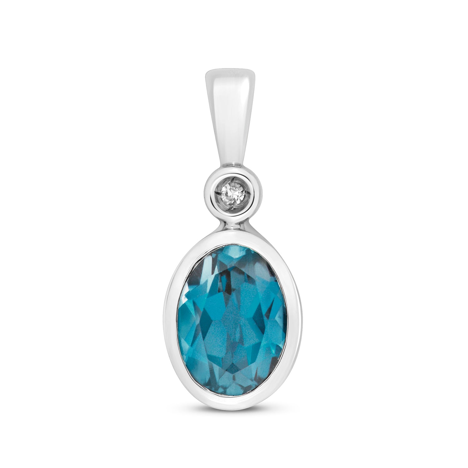 DIAMOND & LONDON BLUE TOPAZ OVAL RUBOVER PENDANT IN 9CT WHITE GOLD