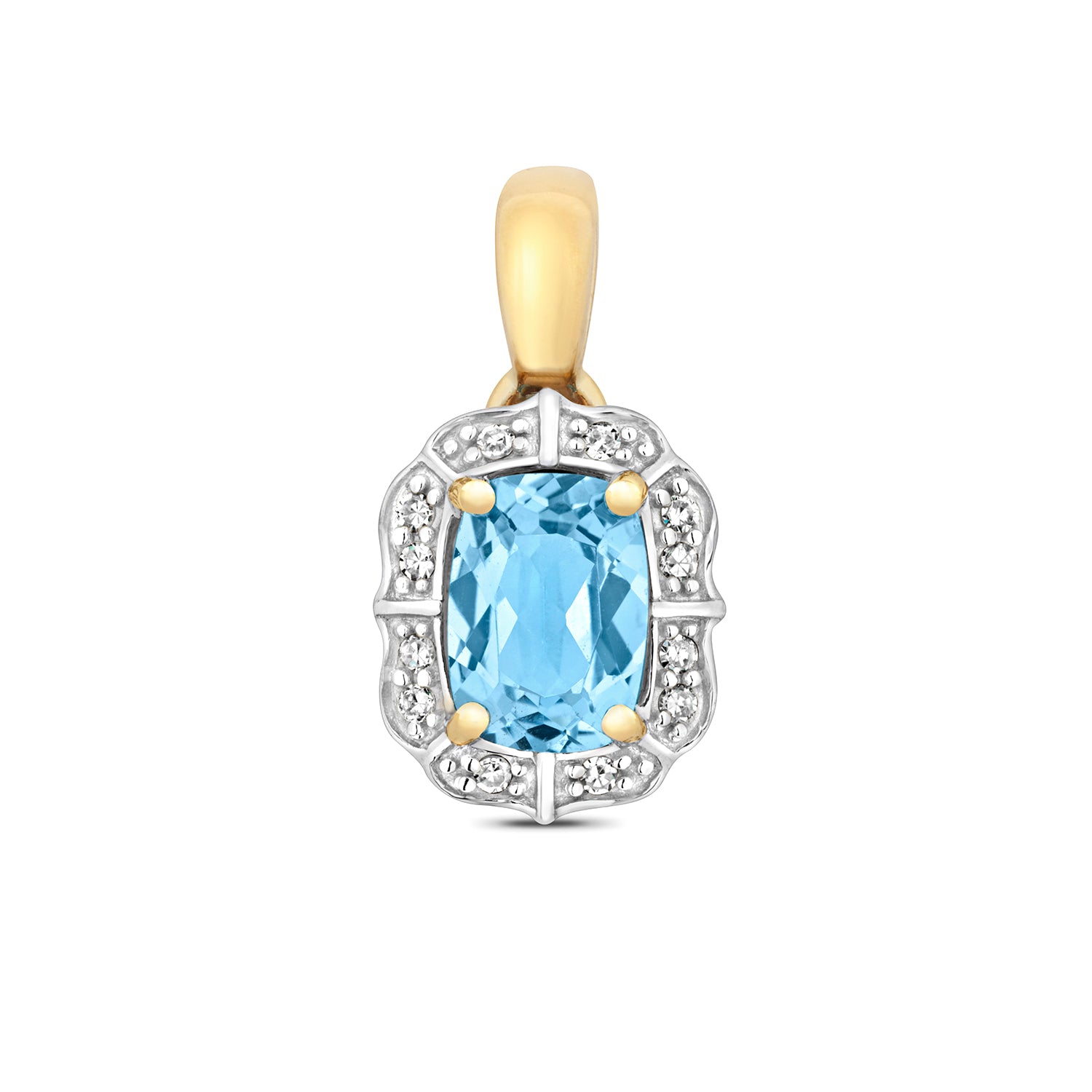 DIAMOND & LIGHT SWISS BLUE TOPAZ CUSHION DECO STYLE CLUSTER PENDANT IN 9CT GOLD