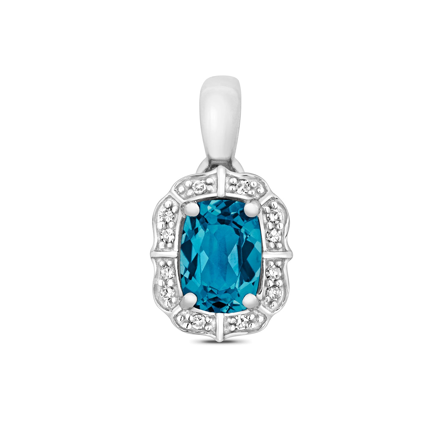 DIAMOND & LONDON BLUE TOPAZ CUSHION DECO STYLE CLUSTER PENDANT IN 9CT WHITE GOLD