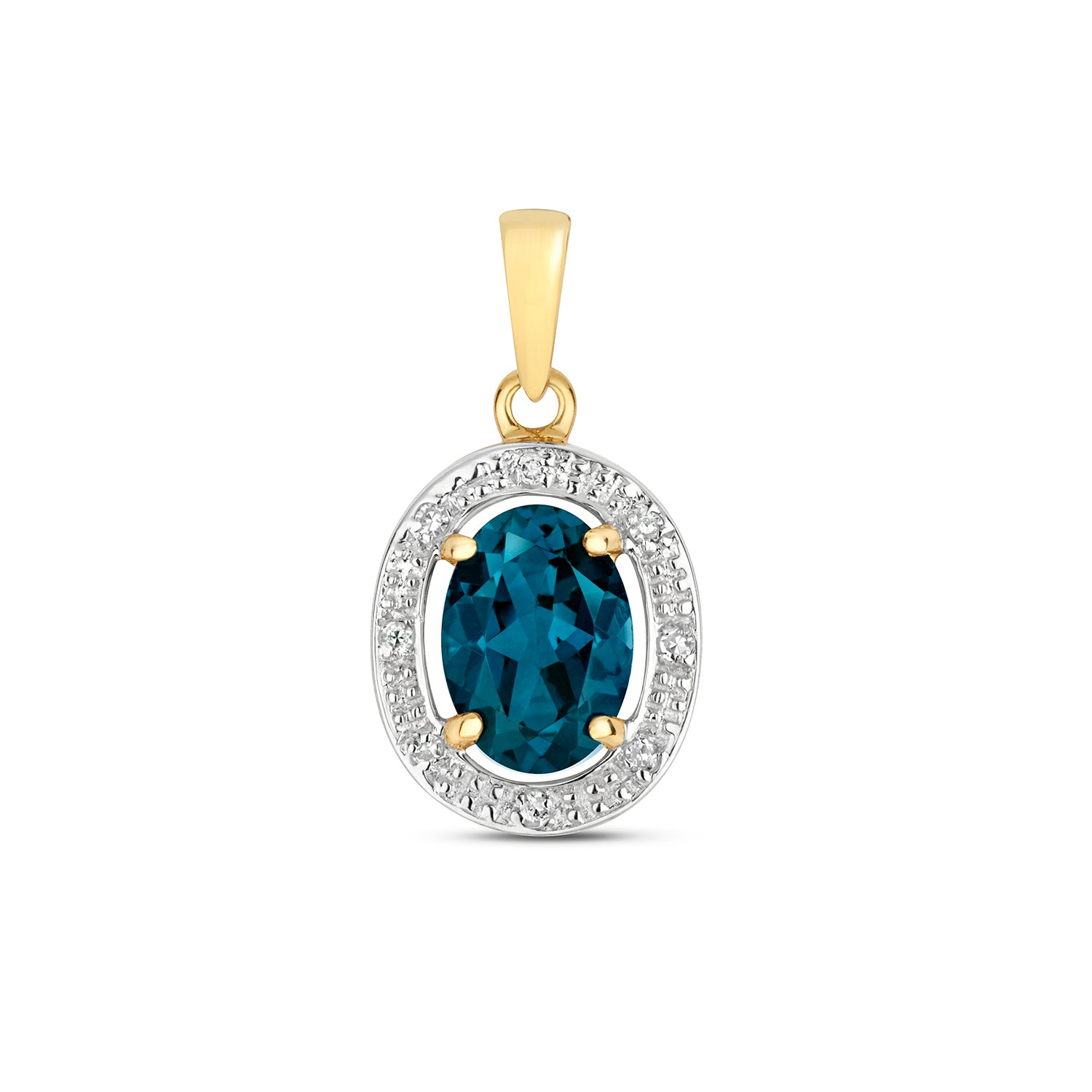 DIAMOND & LONDON BLUE TOPAZ OVAL HALO PENDANT IN 9CT GOLD