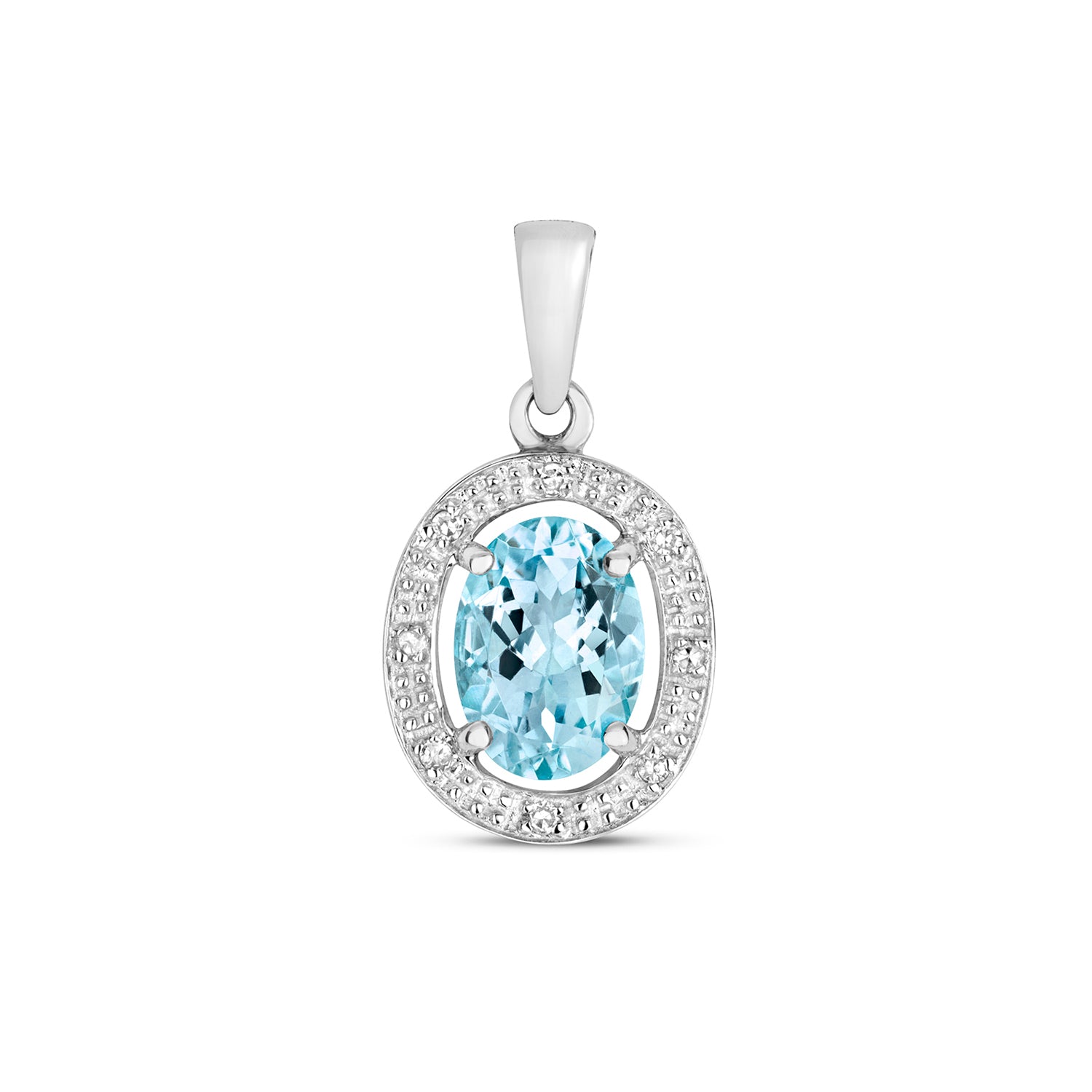 DIAMOND & AQUAMARINE OVAL HALO PENDANT IN 9CT WHITE GOLD