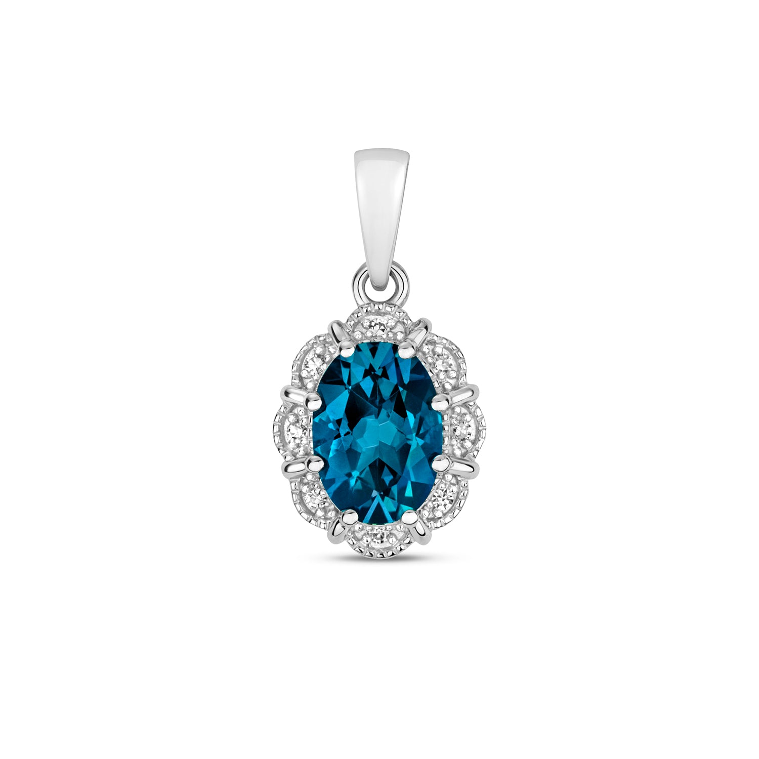 DIAMOND & LONDON BLUE TOPAZ OVAL DECO STYLE CLUSTER PENDANT