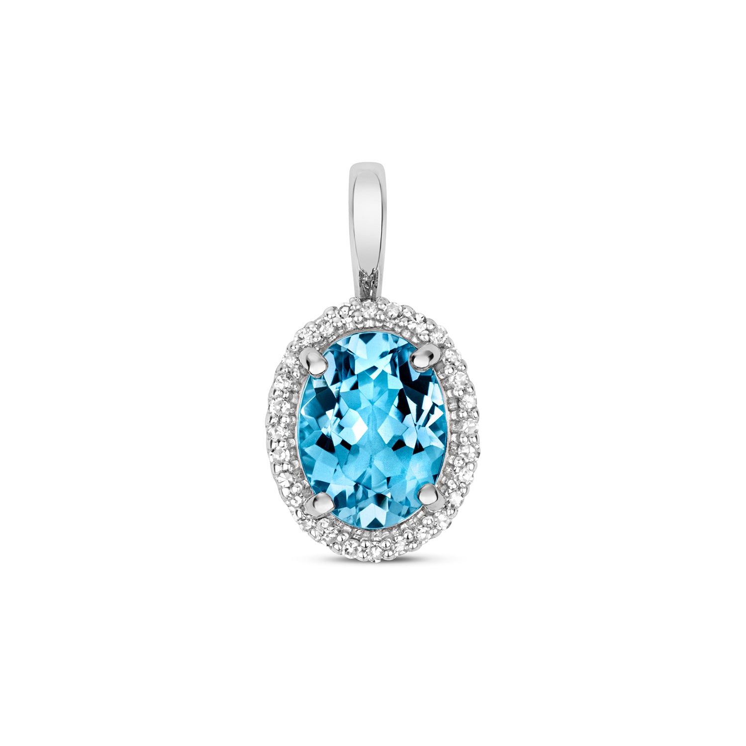 DIAMOND & SWISS BLUE TOPAZ OVAL CLUSTER PENDANT IN 9CT WHITE GOLD