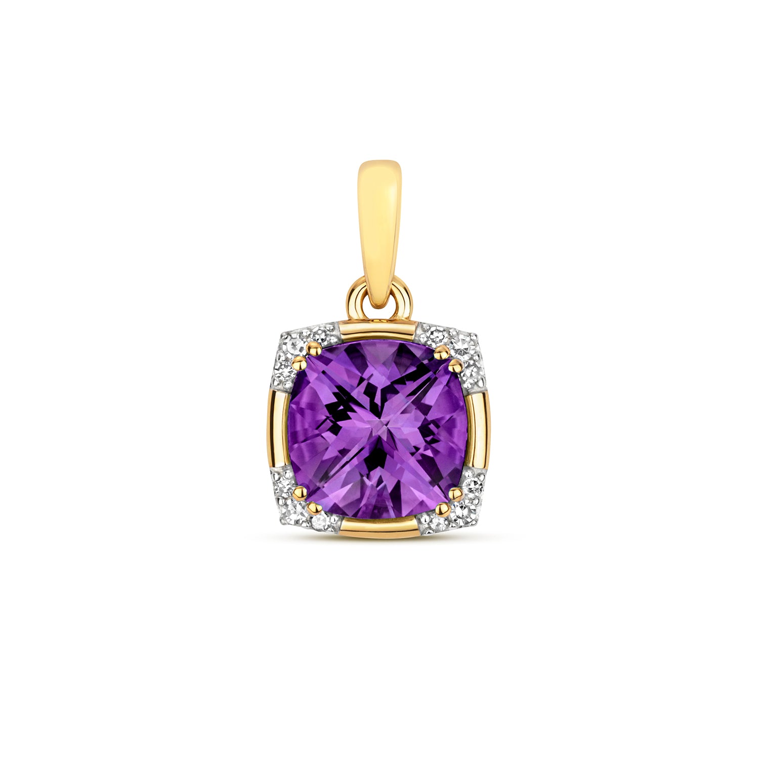 DIAMOND & AMETHYST CUSHION WITH CORNER SET PENDANT IN 9CT GOLD