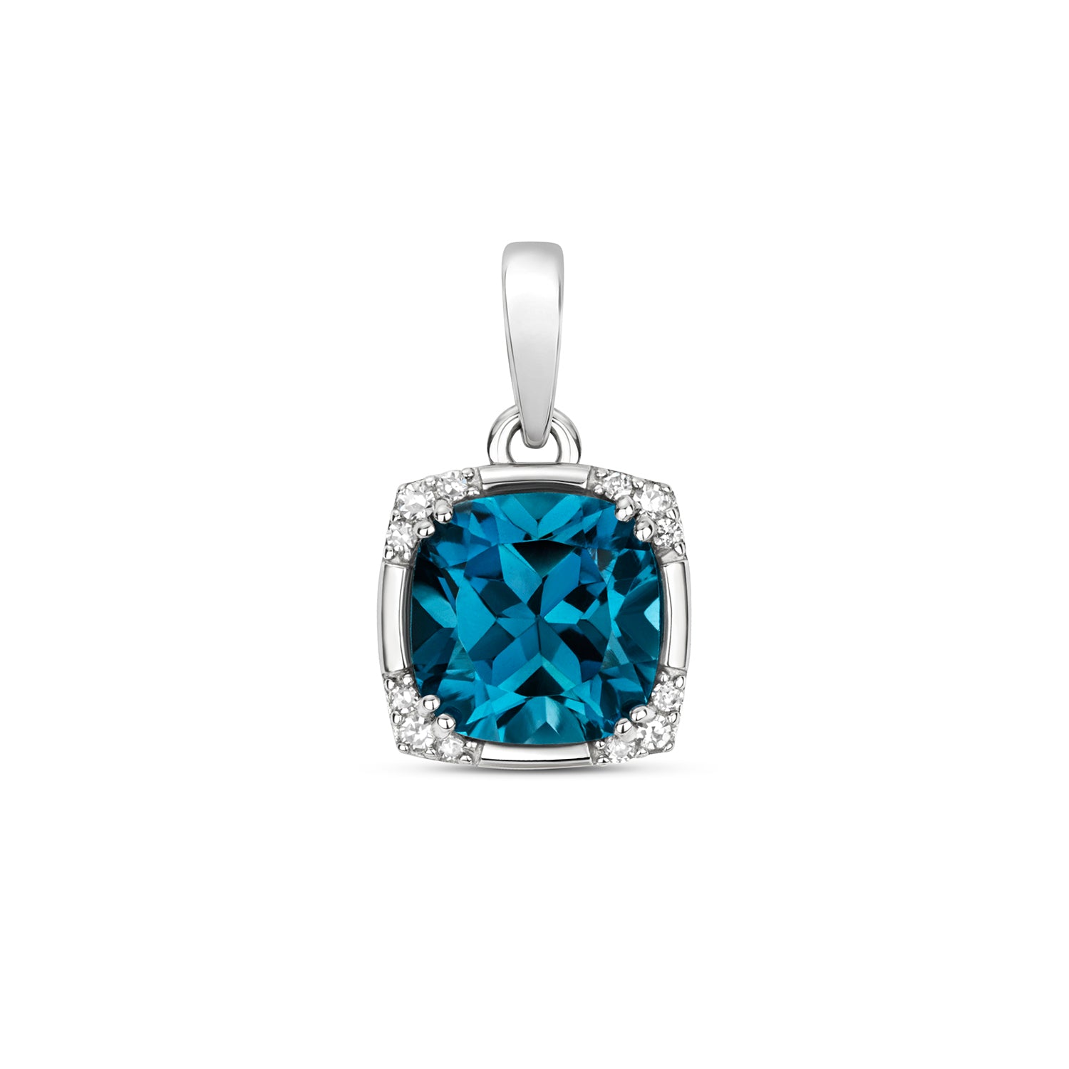 DIAMOND & LONDON BLUE TOPAZ CUSHION WITH CORNER SET PENDANT IN 9CT GOLD