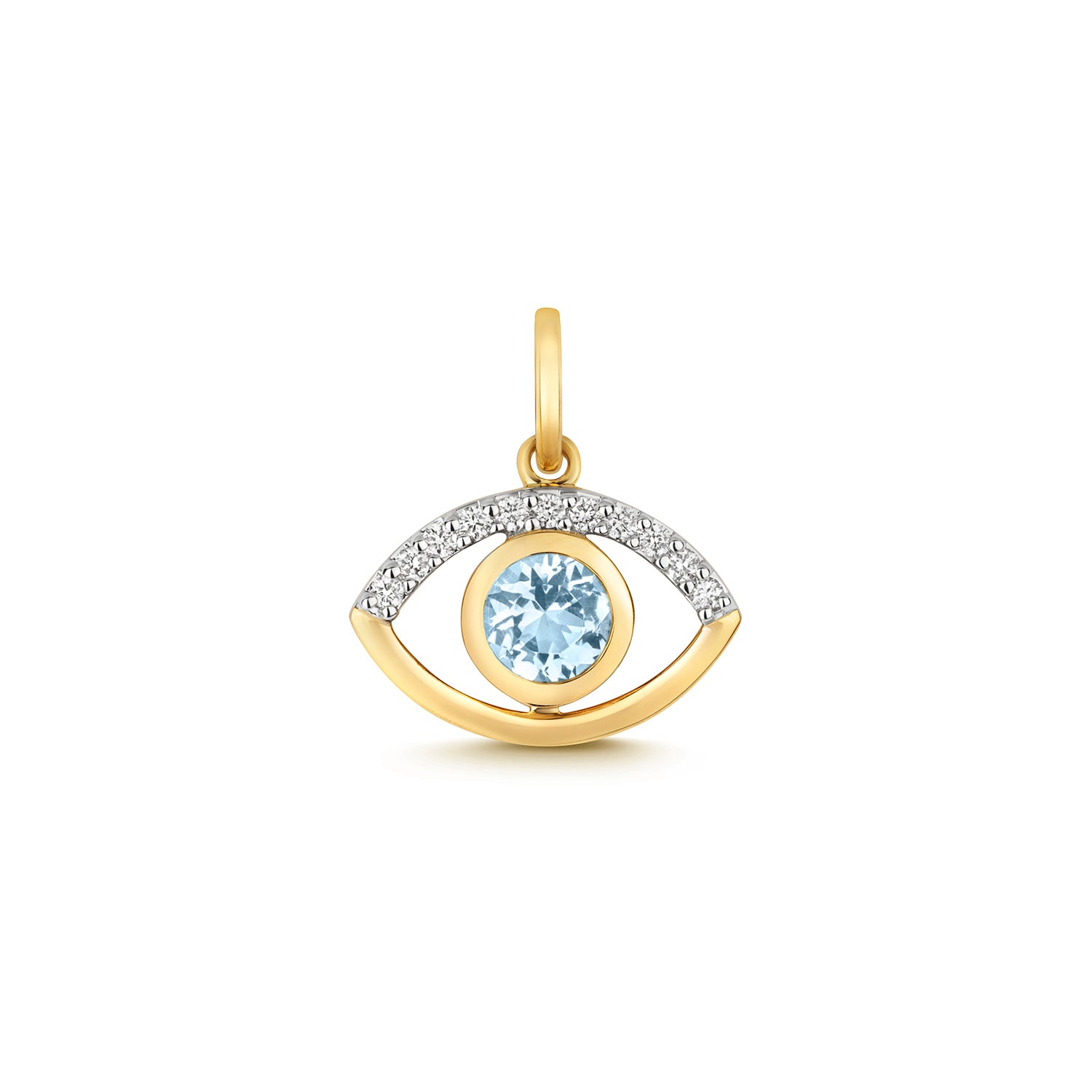 DIAMOND AND AQUAMARINE EYE PENDANT IN 9CT GOLD