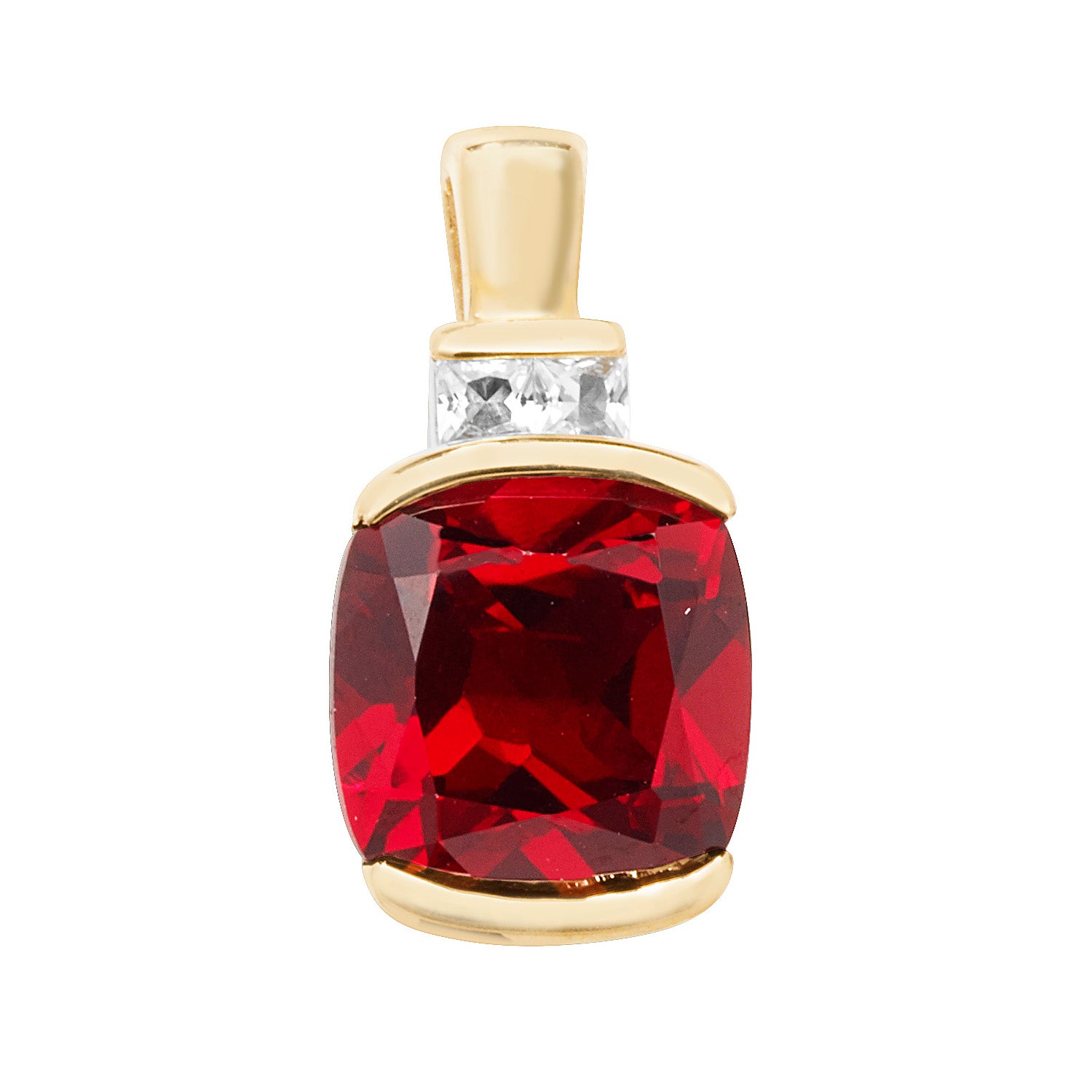 9CT GOLD CUSHION CREATED RUBY AND WHITE SAPPHIRE PENDANT