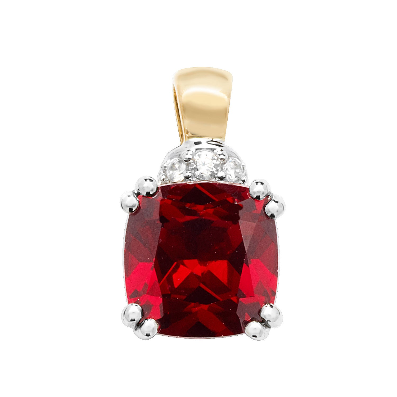 9CT GOLD CUSHION CREATED RUBY AND WHITE SAPPHIRE PENDANT