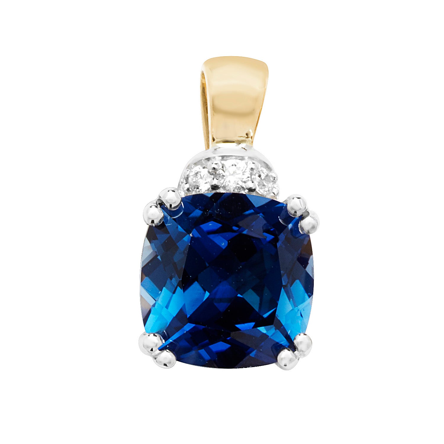 9CT GOLD CUSHION CREATED SAPPHIRE AND WHITE SAPPHIRE PENDANT