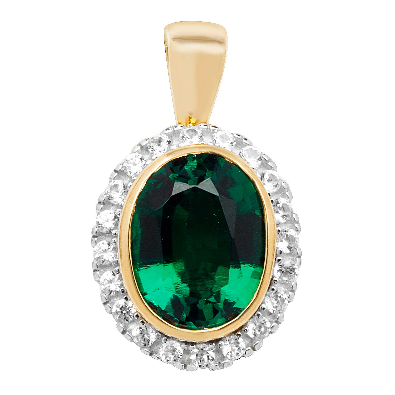 9 CT GOLD OVAL CREATED EMERALD & WHITE SAPPHIRE PENDANT