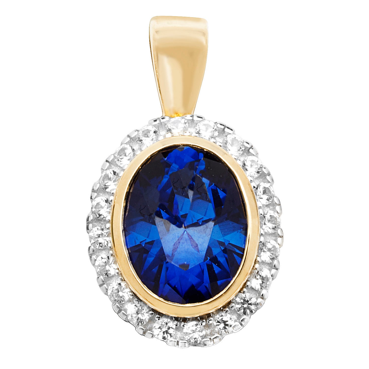 9CT GOLD OVAL CREATED SAPPHIRE AND WHITE SAPPHIRE PENDANT