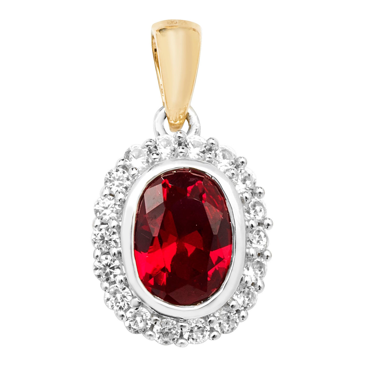 9CT GOLD OVAL CREATED RUBY AND WHITE SAPPHIRE PENDANT