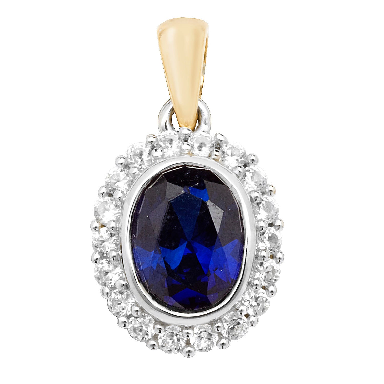 9CT GOLD OVAL CREATED SAPPHIRE AND WHITE SAPPHIRE PENDANT