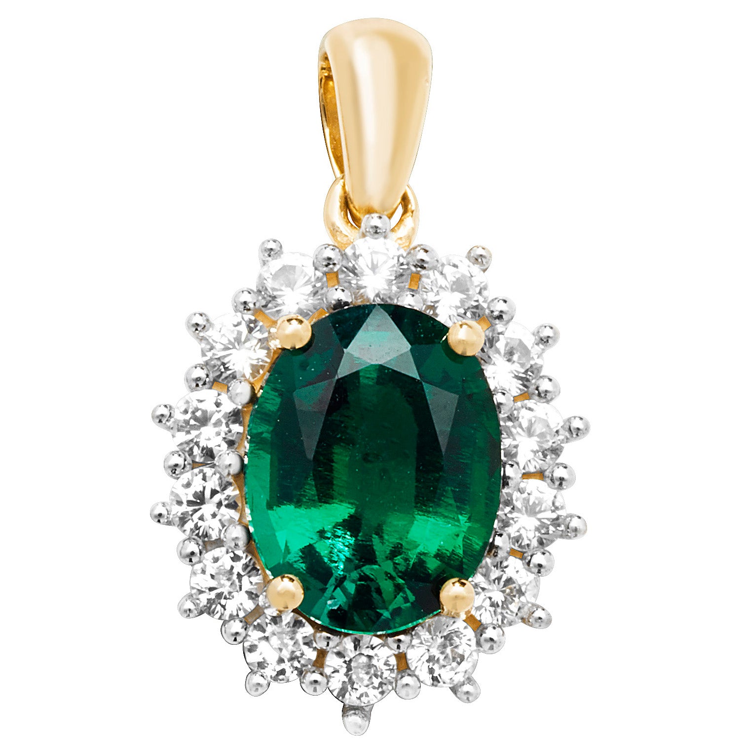 9CT GOLD OVAL CREATED EMERALD AND WHITE SAPPHIRE PENDANT