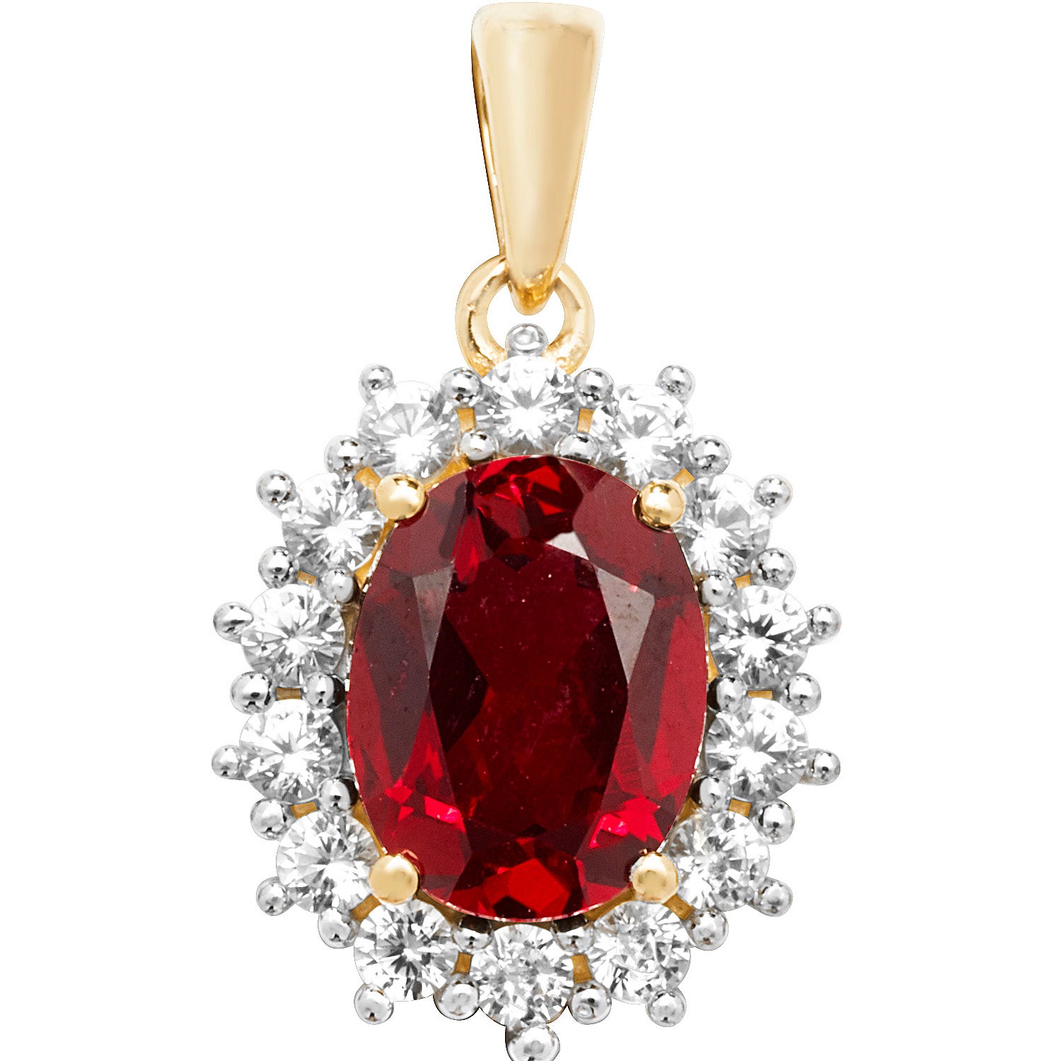 9CT GOLD OVAL CREATED RUBY AND WHITE SAPPHIRE PENDANT