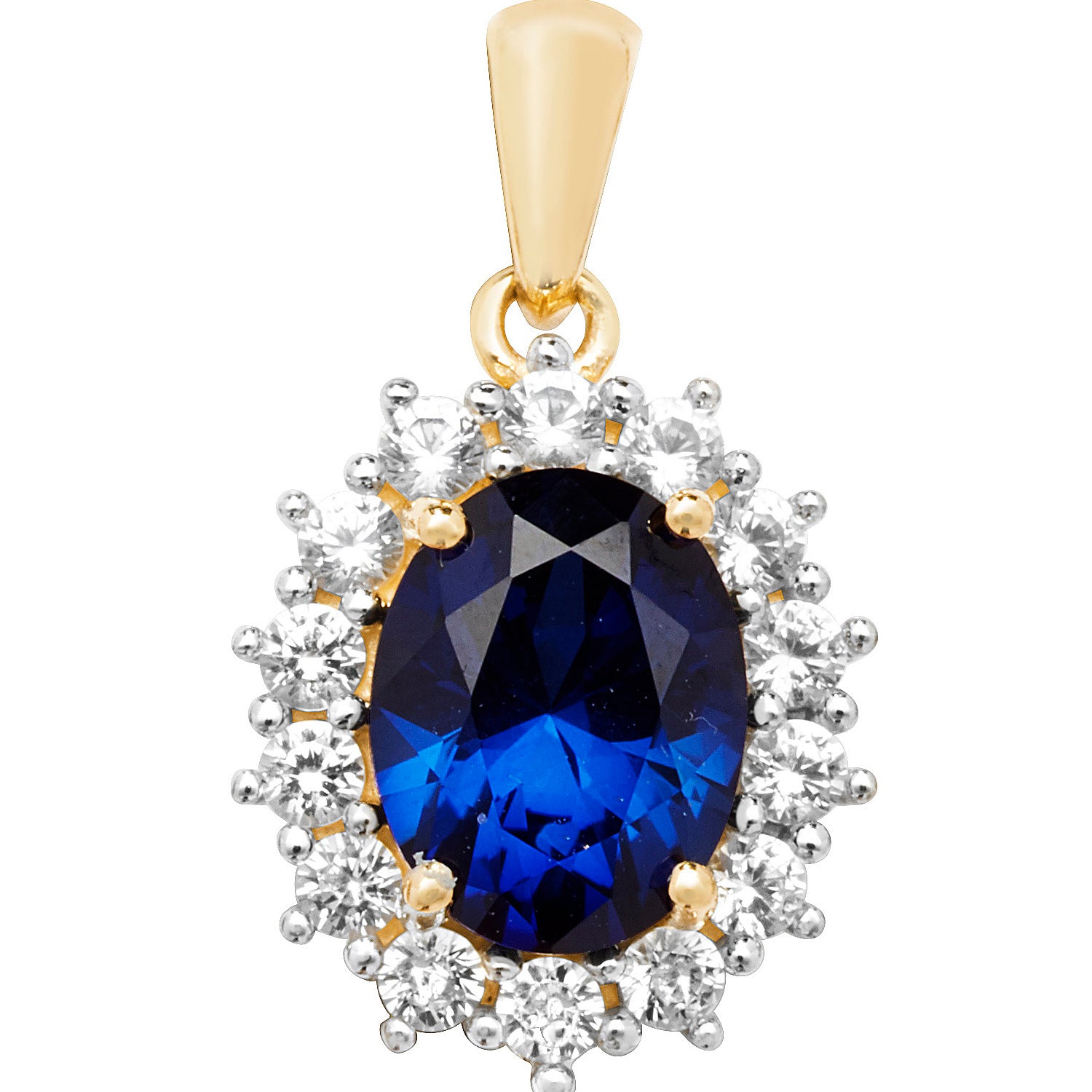 9CT GOLD OVAL CREATED SAPPHIRE AND WHITE SAPPHIRE PENDANT