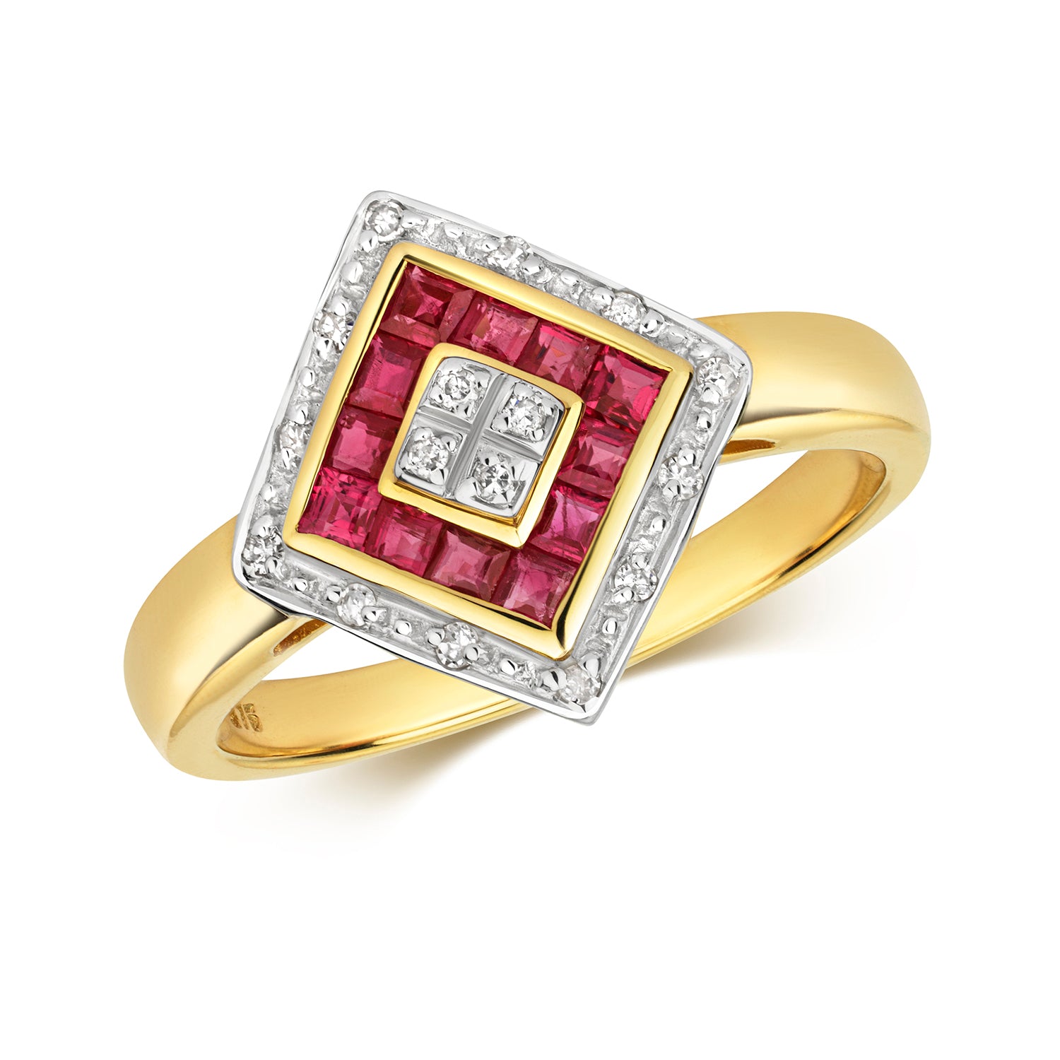 DIAMOND & RUBY PRINCESS CUT LOSANGE RING IN 9CT GOLD