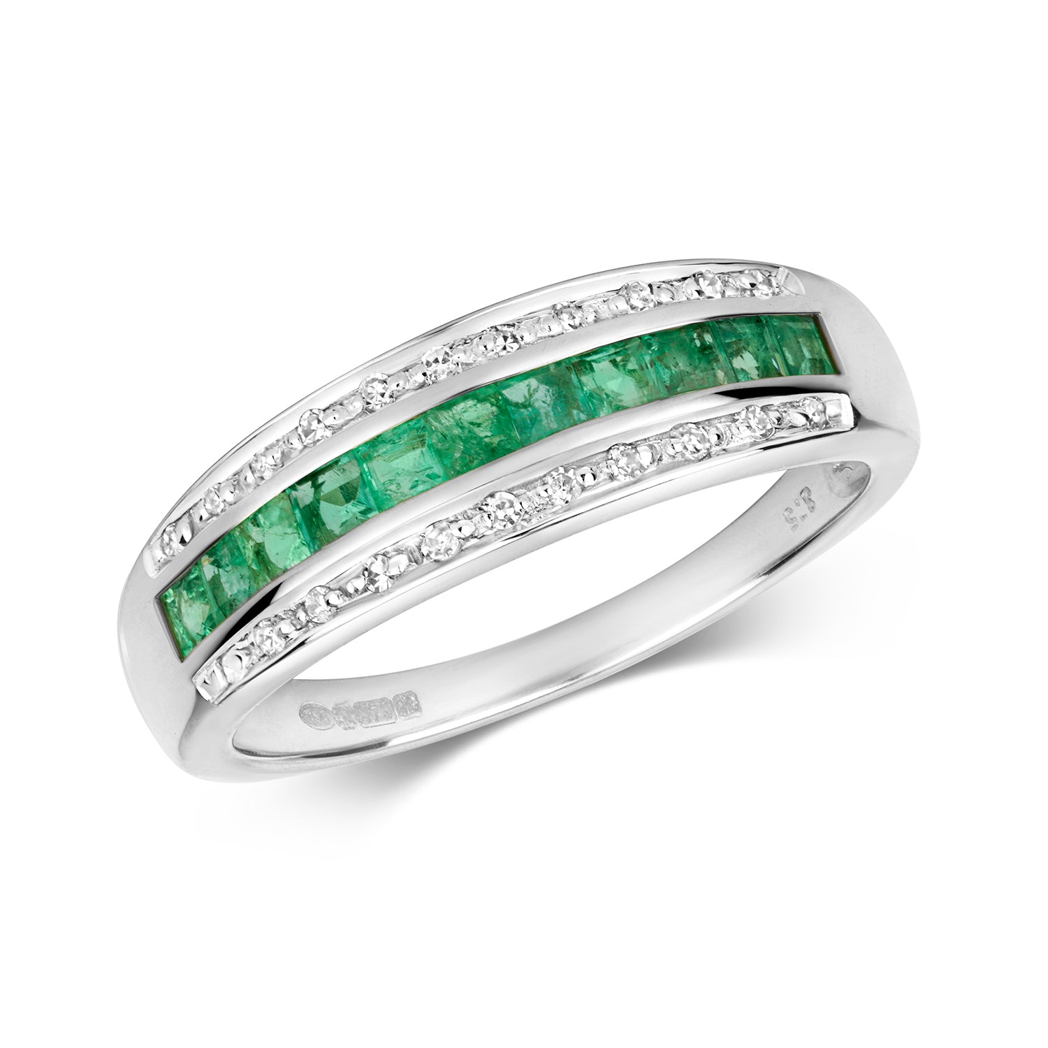 DIAMOND & EMERALD PRINCESS CUT BAND IN 9CT WHITE GOLD