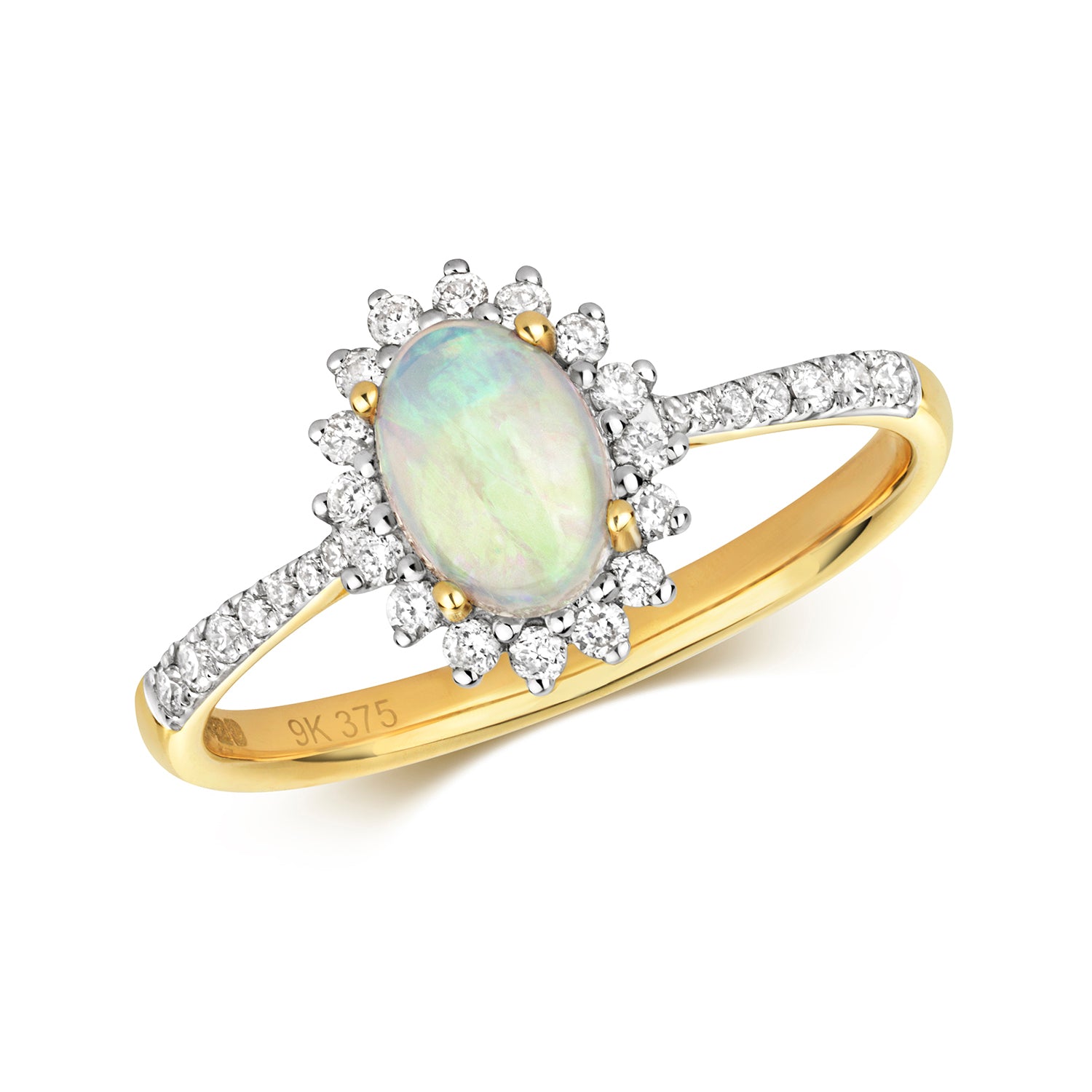 DIAMOND & OPAL OVAL CLUSTER SET SHOULDERS RING IN 9CT GOLD