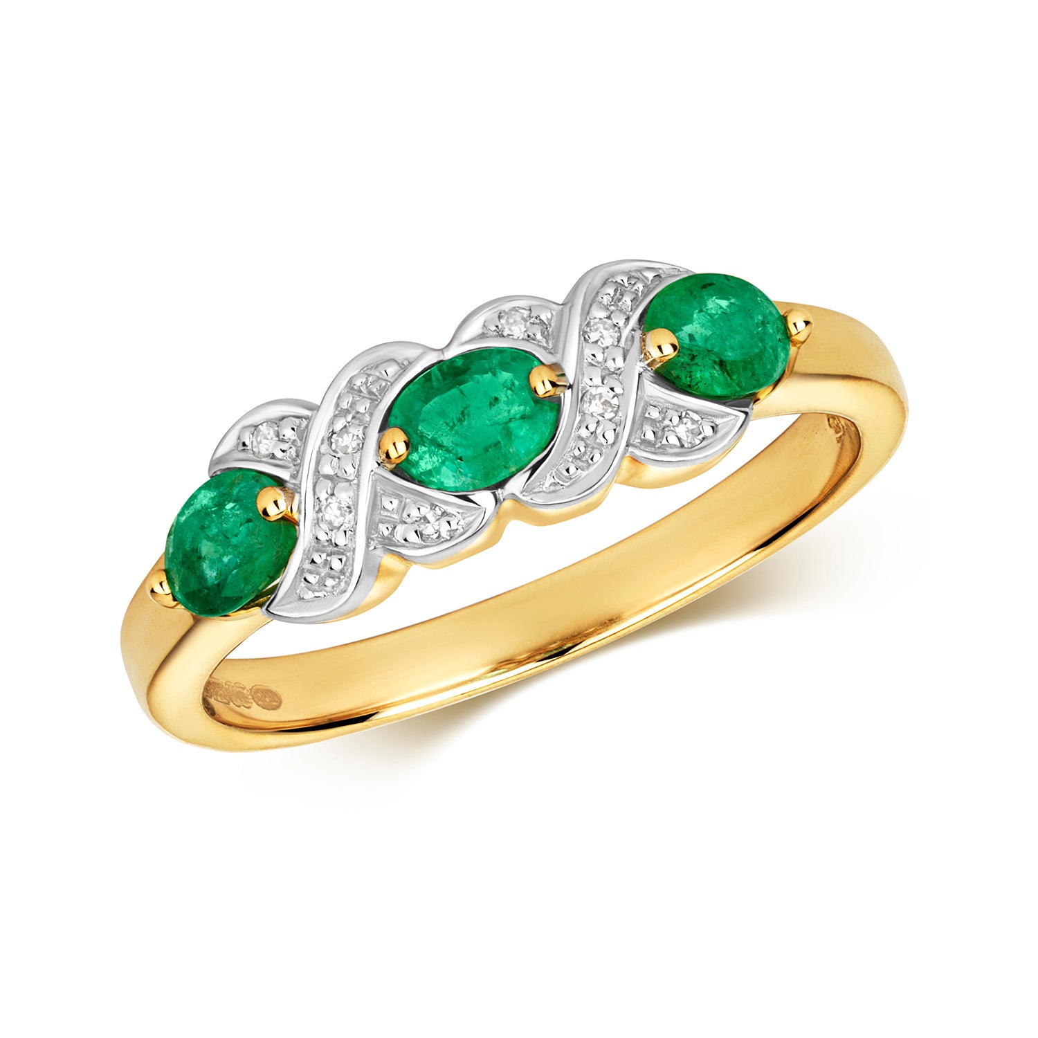 DIAMOND & EMERALD OVAL XX DESIGN TRILOGY RING IN 9CT GOLD