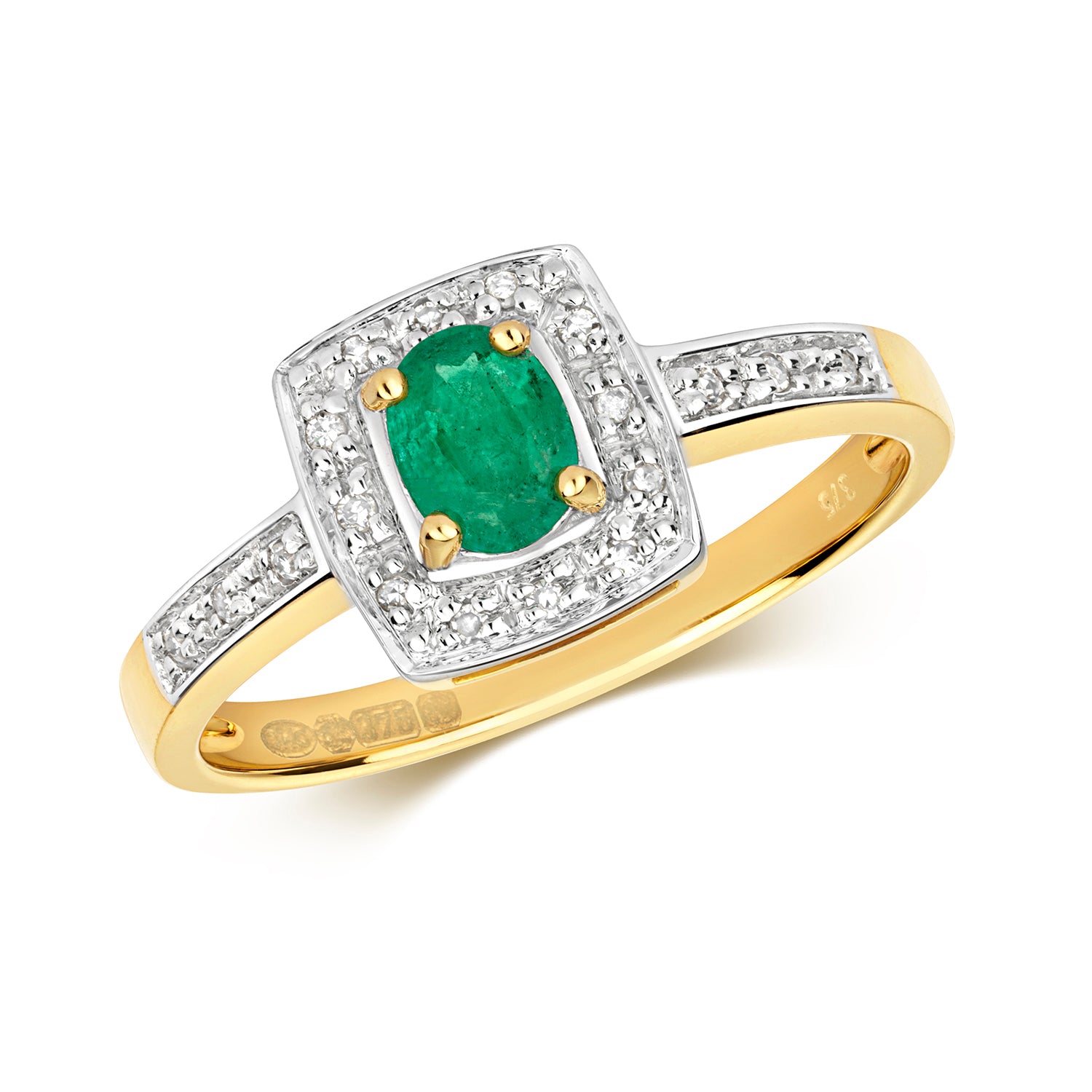 DIAMOND & EMERALD SQUARE SET SHOULDERS RING IN 9CT GOLD