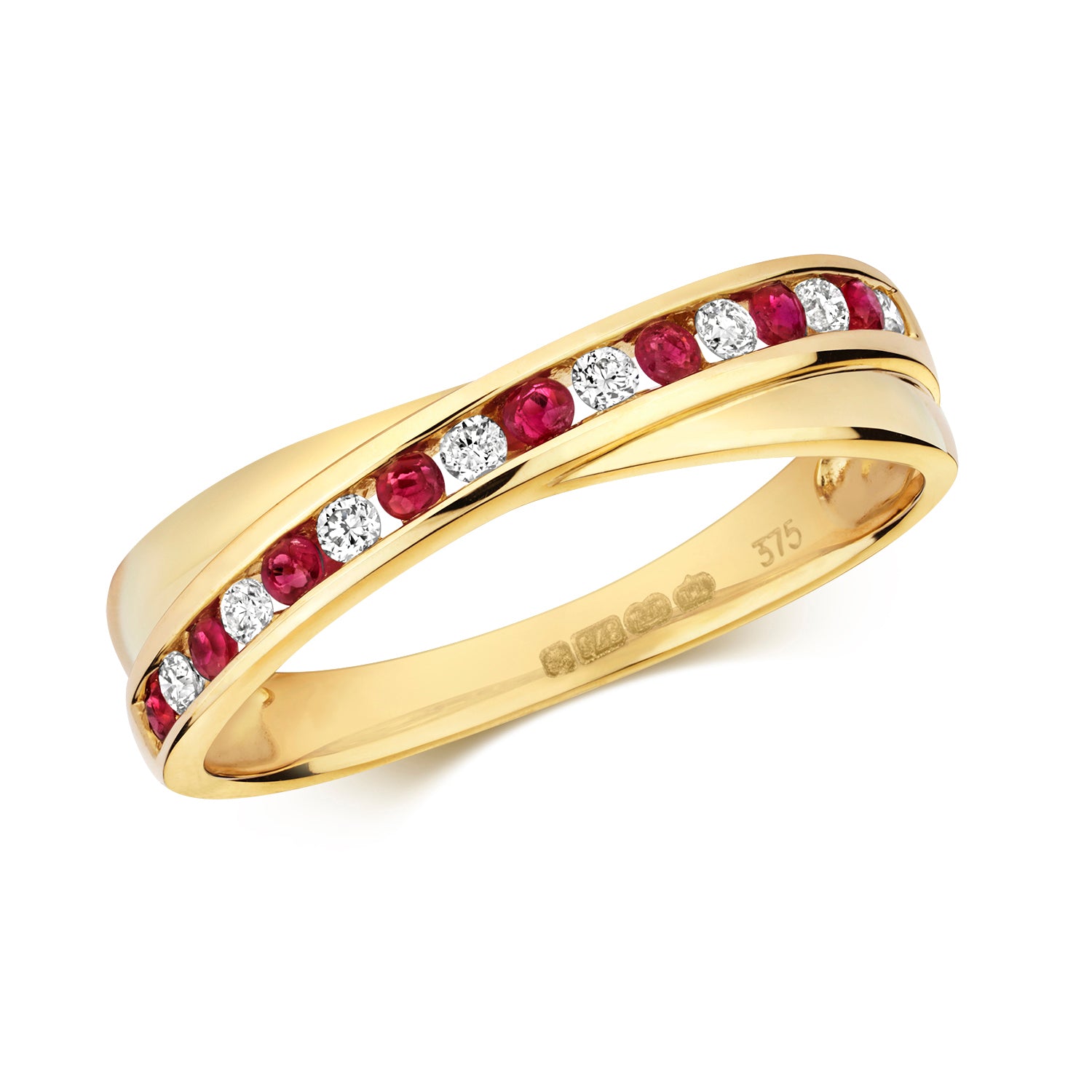 DIAMOND & RUBY CHANNEL SET HALF ETERNITY CROSSOVER RING IN 9CT GOLD