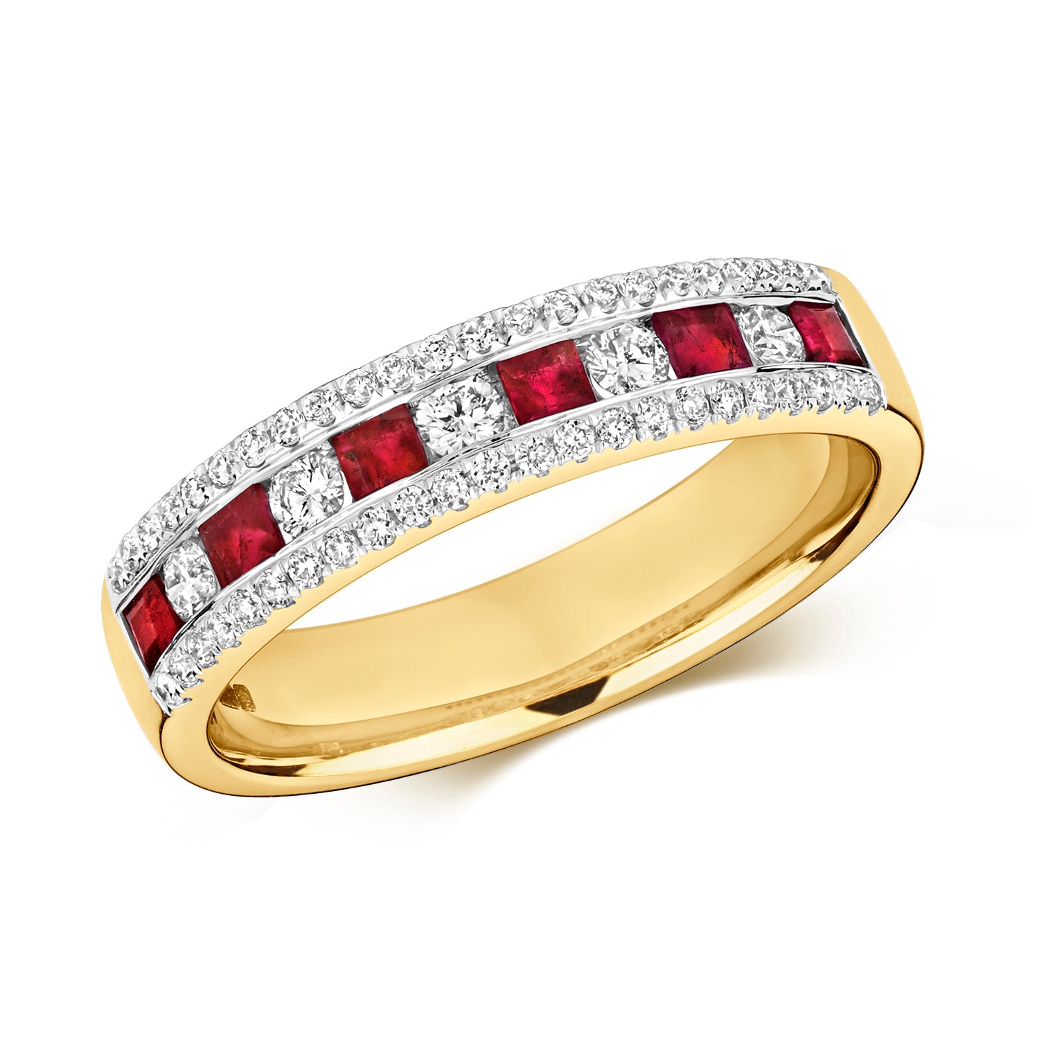 DIAMOND & RUBY CHANNEL SET 3 ROW HALF ETERNITY RING IN 9CT GOLD