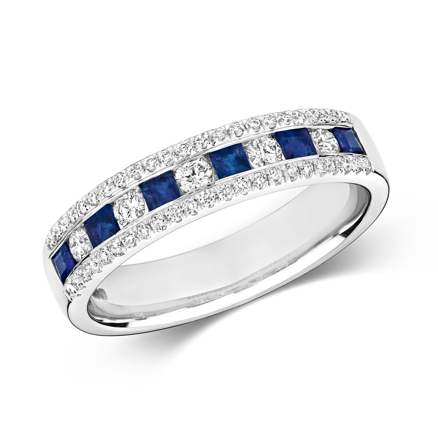 DIAMOND & SAPPHIRE CHANNEL SET 3 ROW HALF ETERNITY RING IN 9CT WHITE GOLD