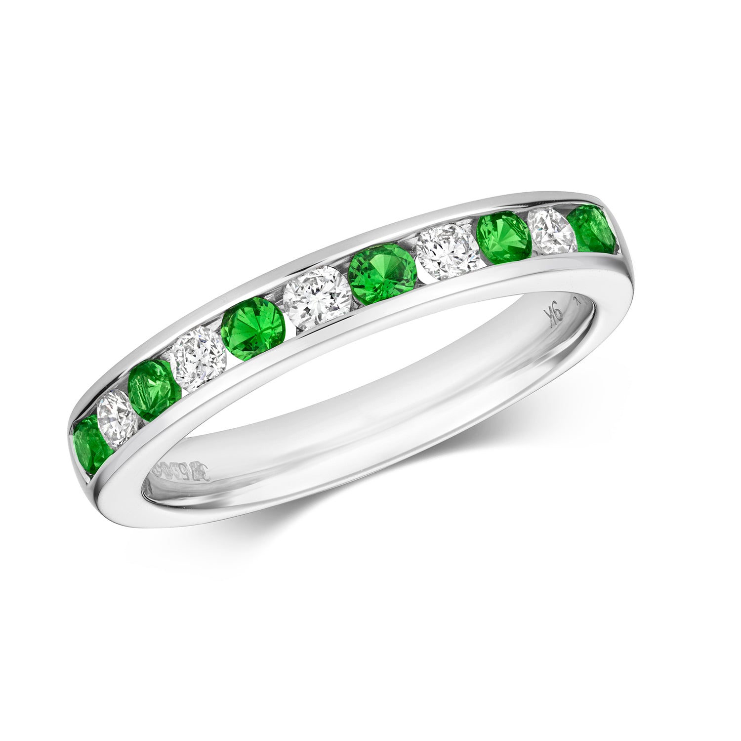 DIAMOND & TSAVORITE CHANNEL SET HALF ETERNITY RING IN 9CT WHITE GOLD