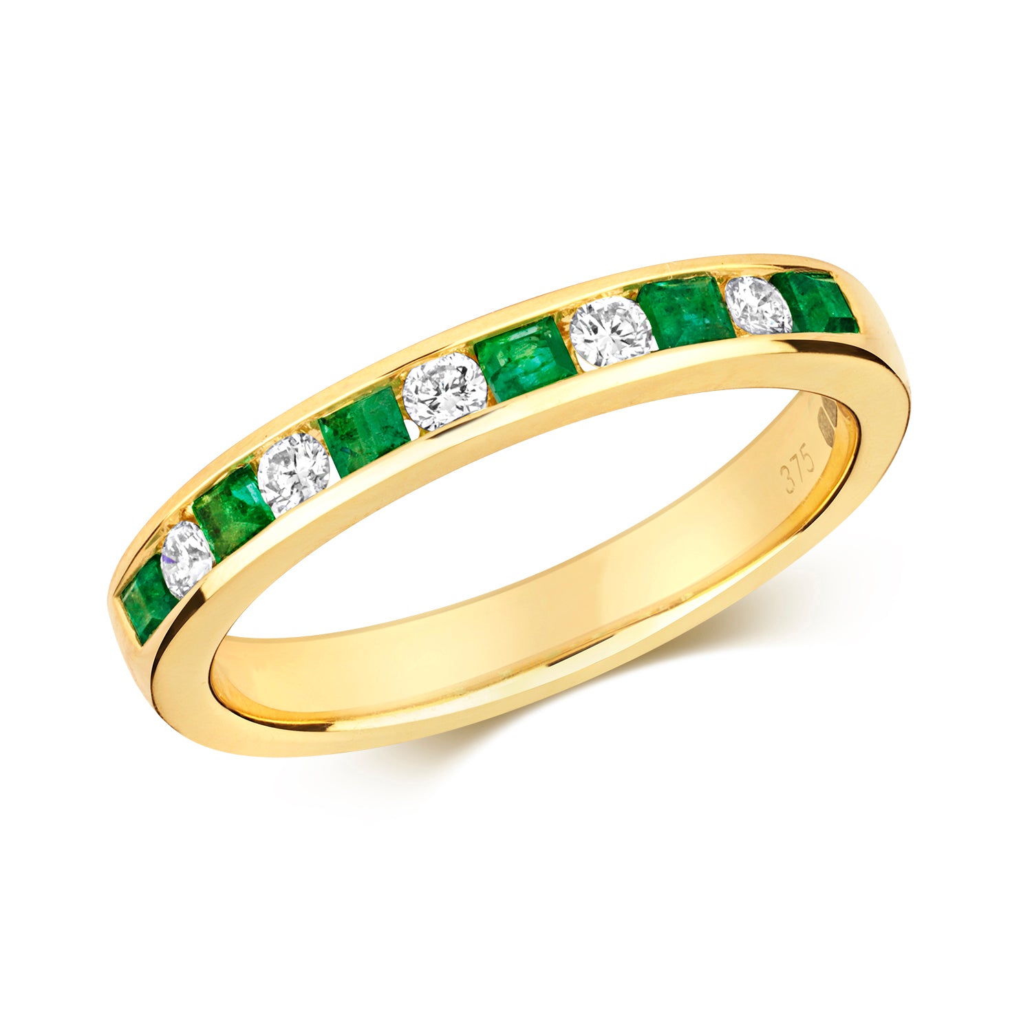 DIAMOND & EMERALD ROUND AND PRINCESS CUT CHANNEL SET HALF ETERNITY RING IN 9CT GOLD