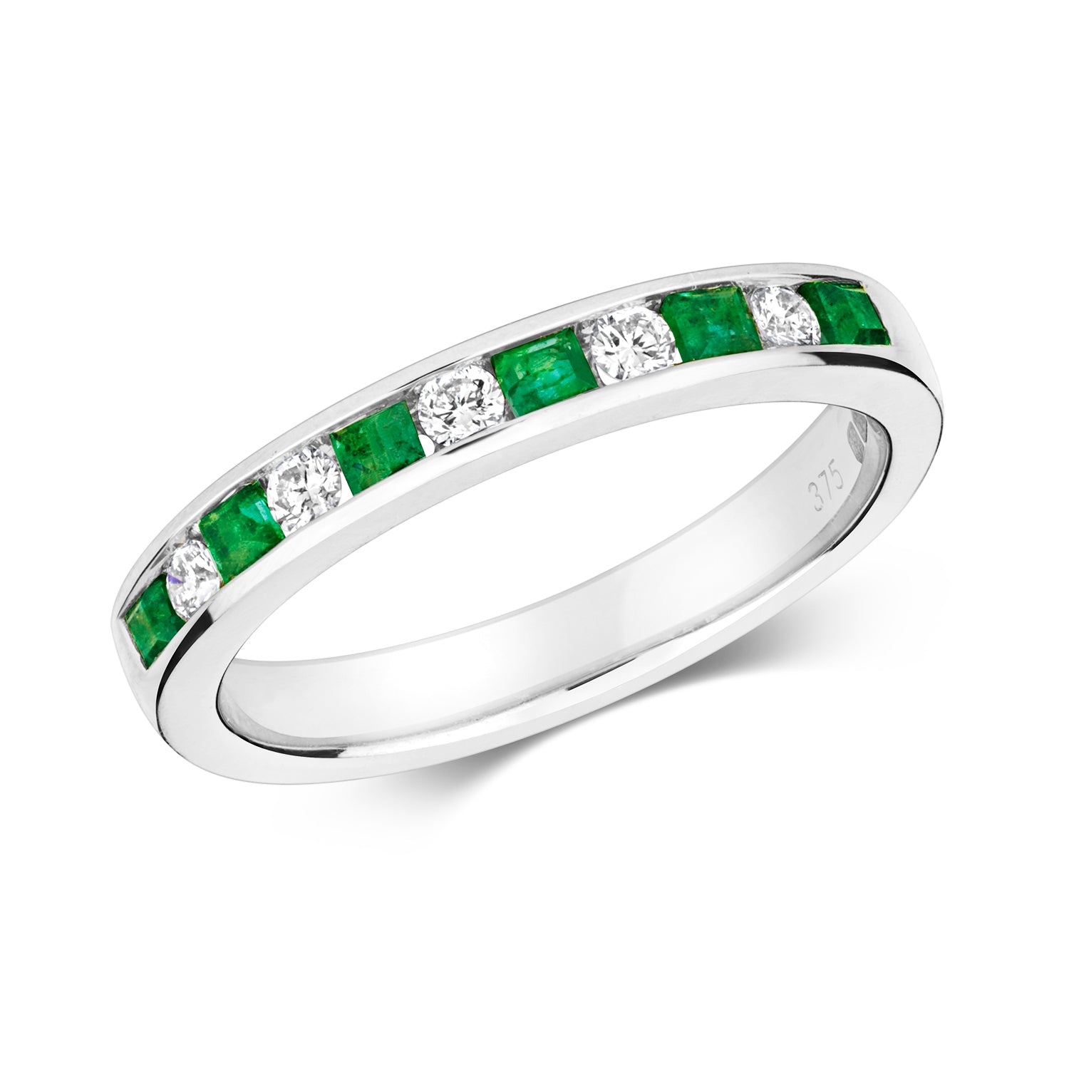 DIAMOND & EMERALD ROUND AND PRINCESS CUT CHANNEL SET HALF ETERNITY RING IN 9CT WHITE GOLD