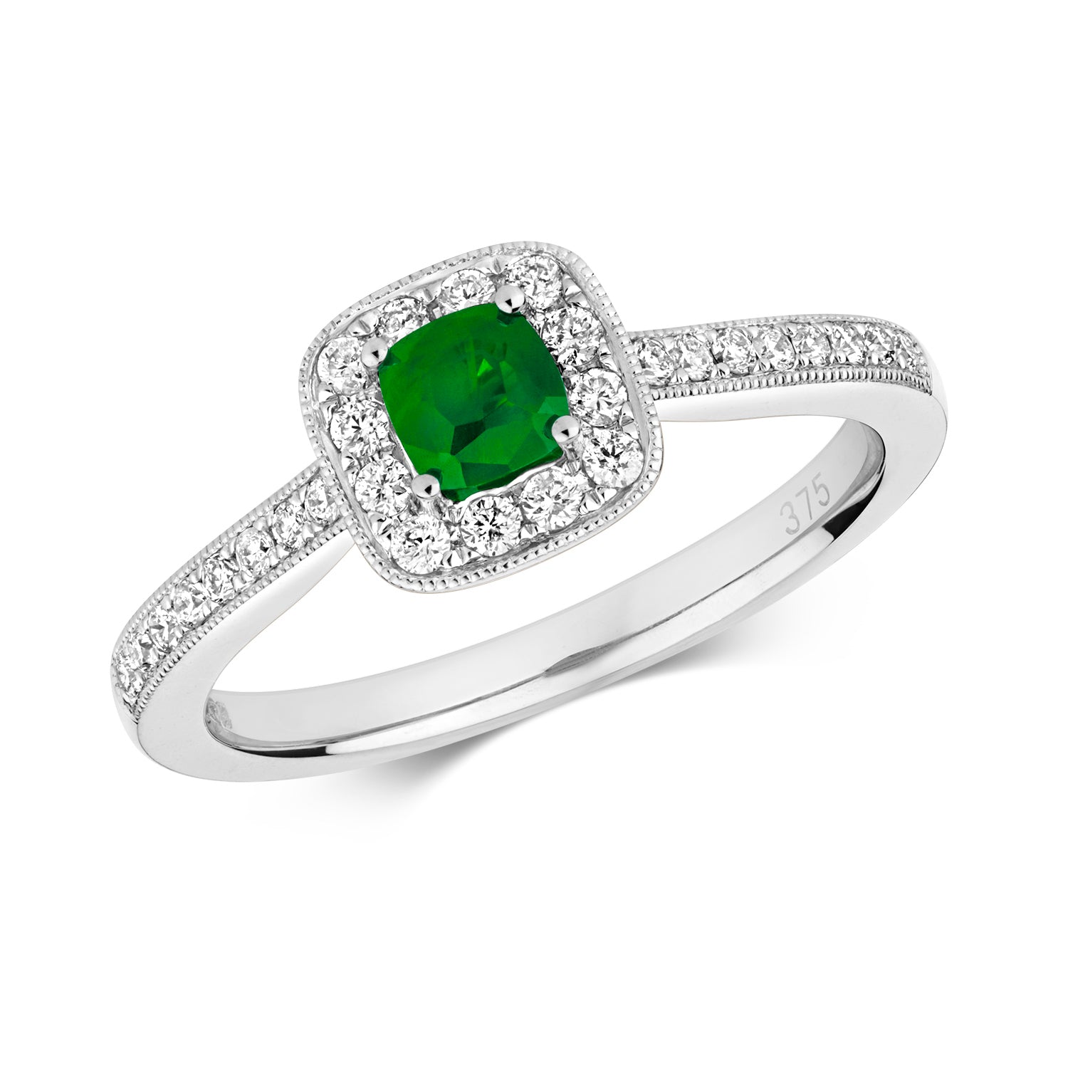 DIAMOND & EMERALD CUSHION CLUSTER WITH SET SHOULDERS RING IN 9CT WHITE GOLD