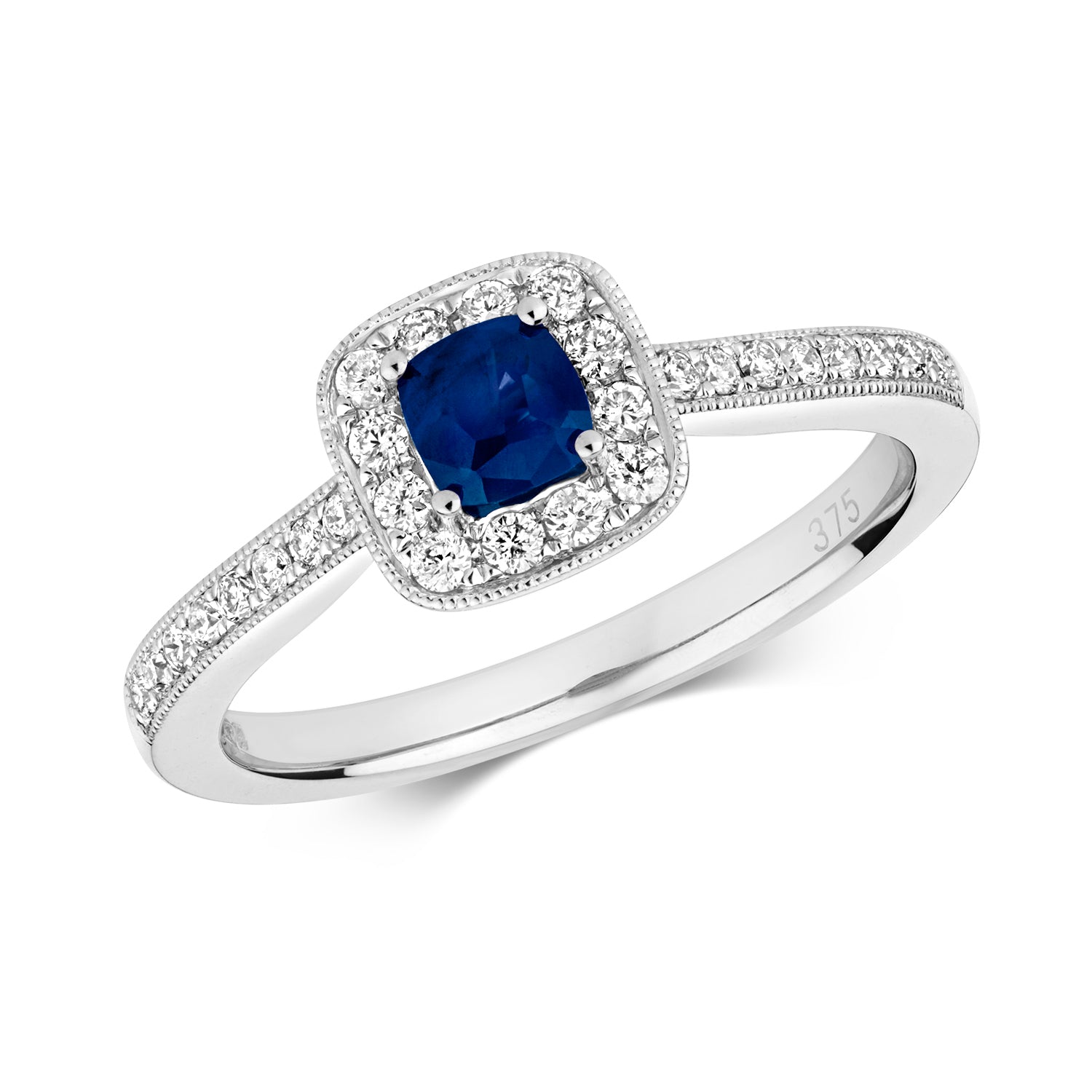DIAMOND & SAPPHIRE CUSHION CLUSTER WITH SET SHOULDERS RING IN 9CT WHITE GOLD