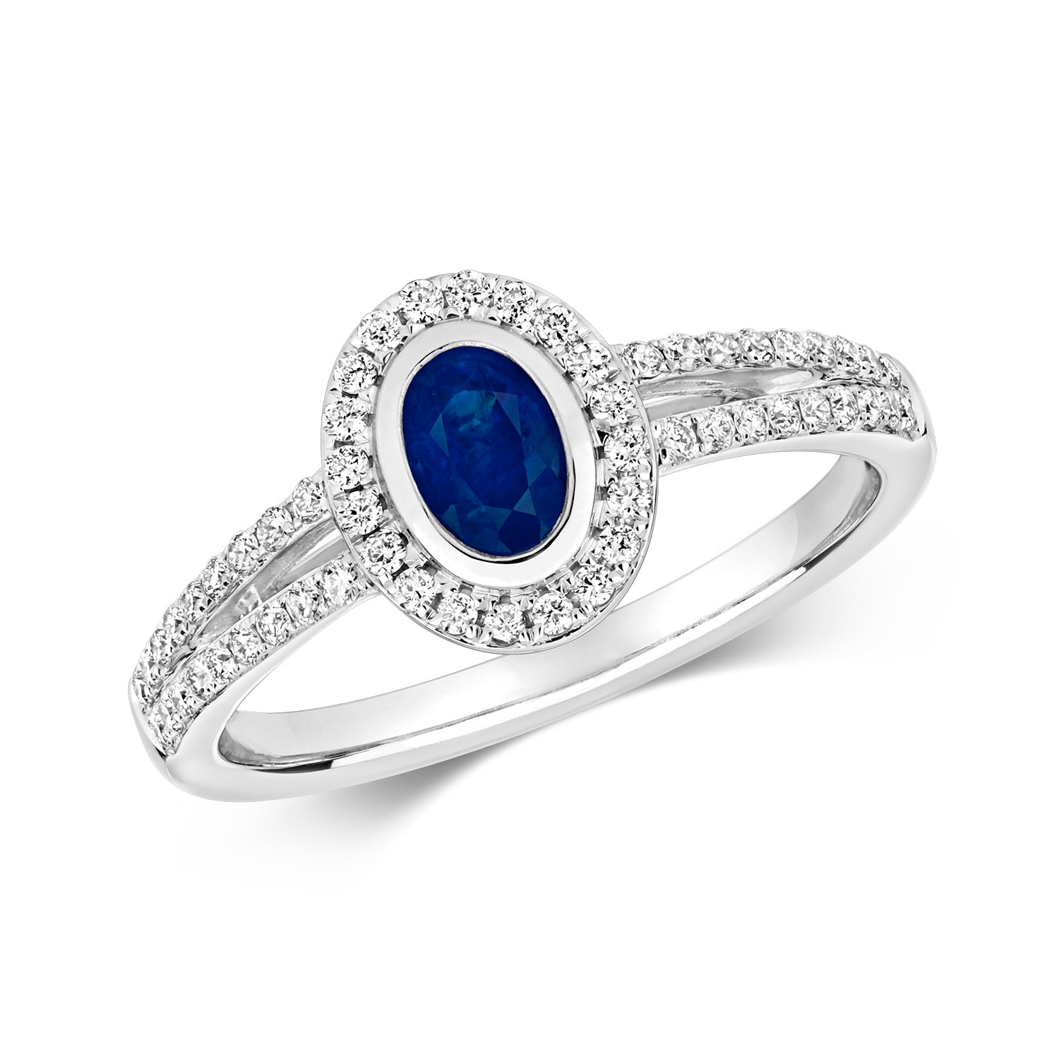 DIAMOND & SAPPHIRE OVAL CLUSTER WITH SET SPLIT SHOULDERS RING IN 9CT WHITE GOLD