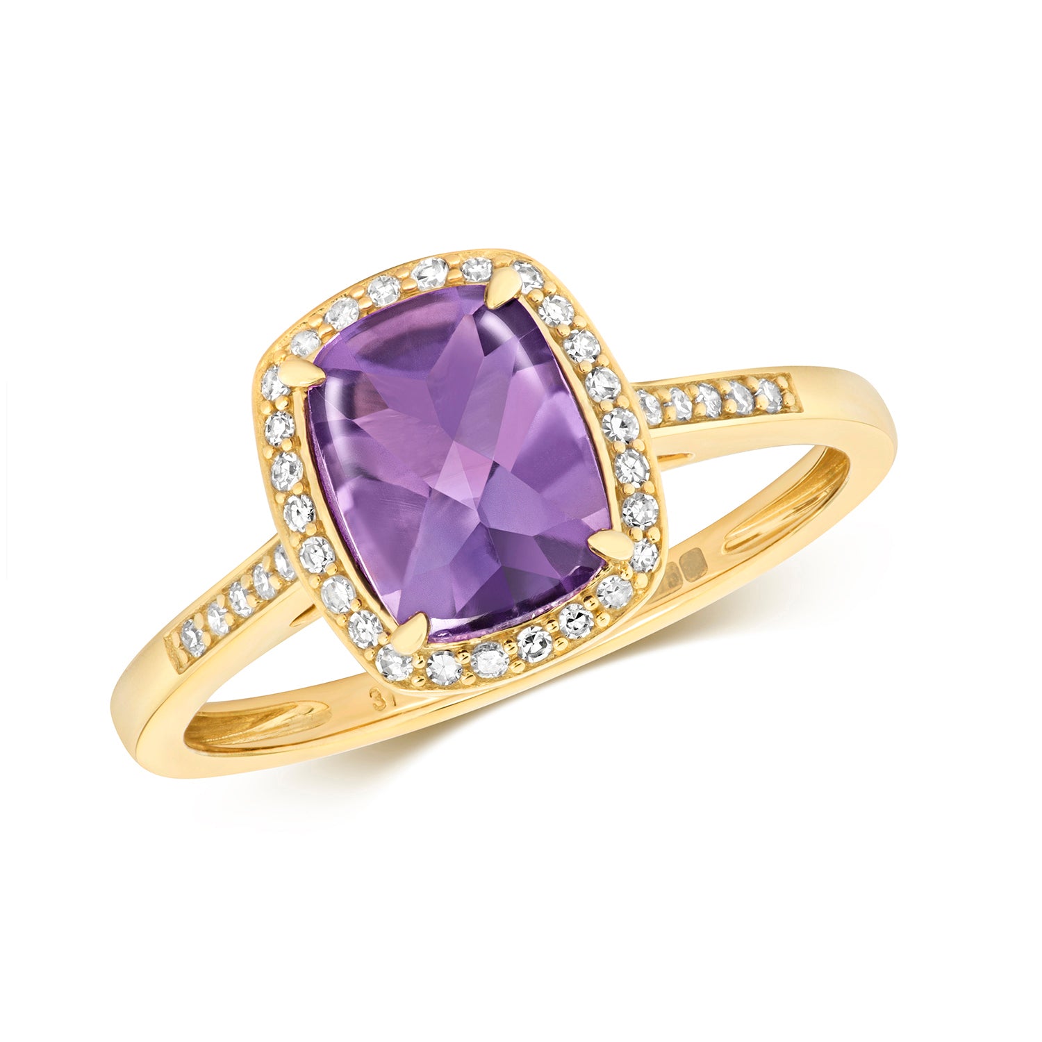 DIAMOND & AMETHYST CUSHION CLUSTER WITH SET SHOULDERS RING IN 9CT GOLD