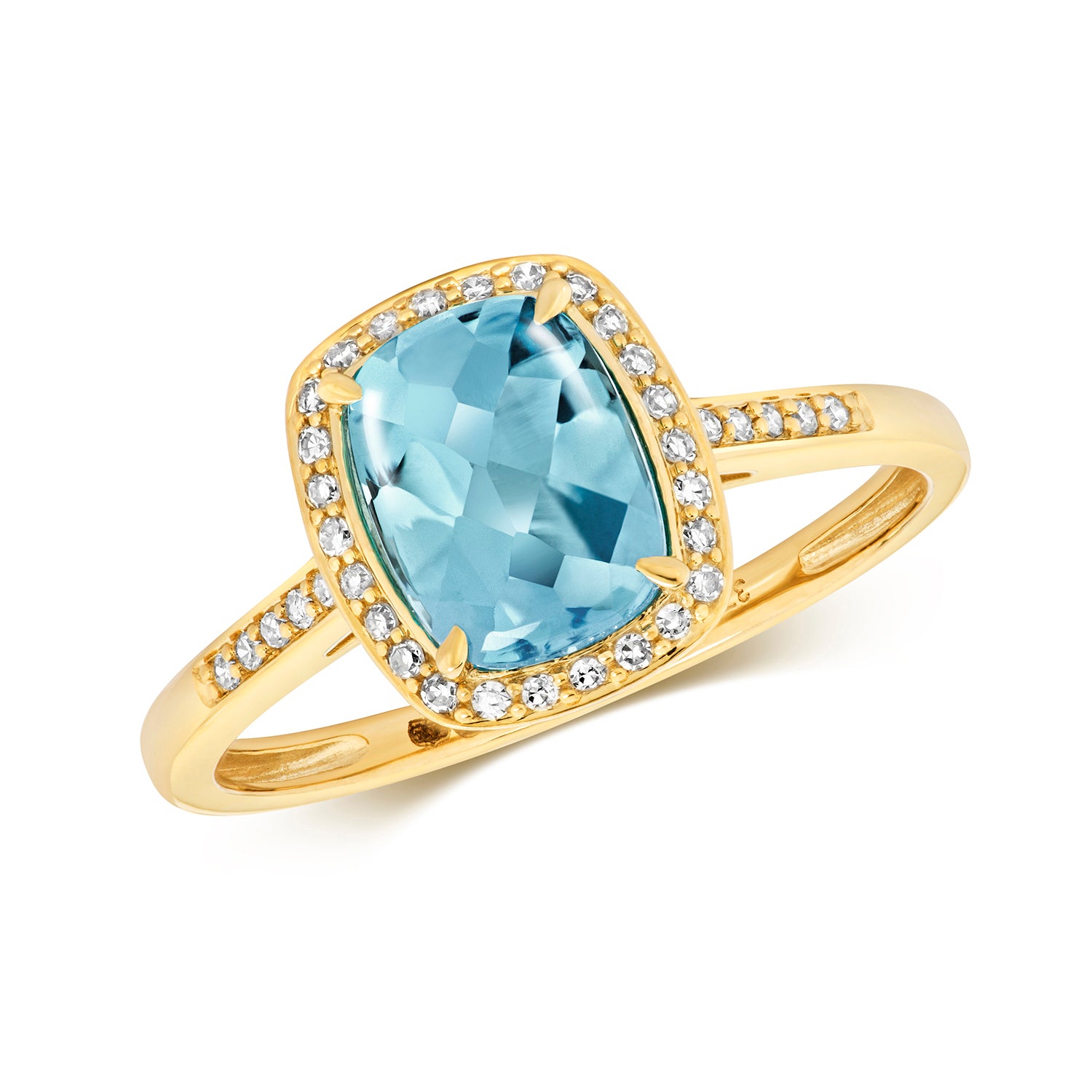 DIAMOND & LIGHT SWISS BLUE TOPAZ CUSHION CLUSTER WITH SET SHOULDERS RING IN 9CT GOLD