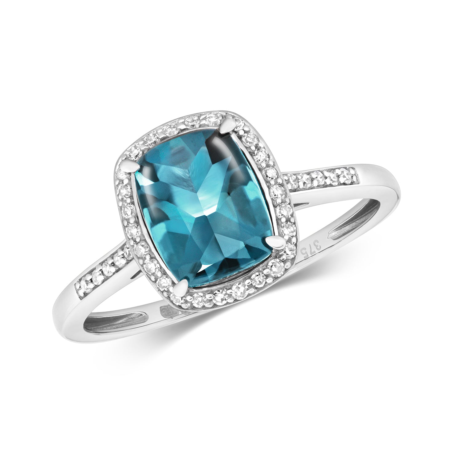 DIAMOND & LONDON BLUE TOPAZ CUSHION CLUSTER WITH SET SHOULDERS RING IN 9CT WHITE GOLD