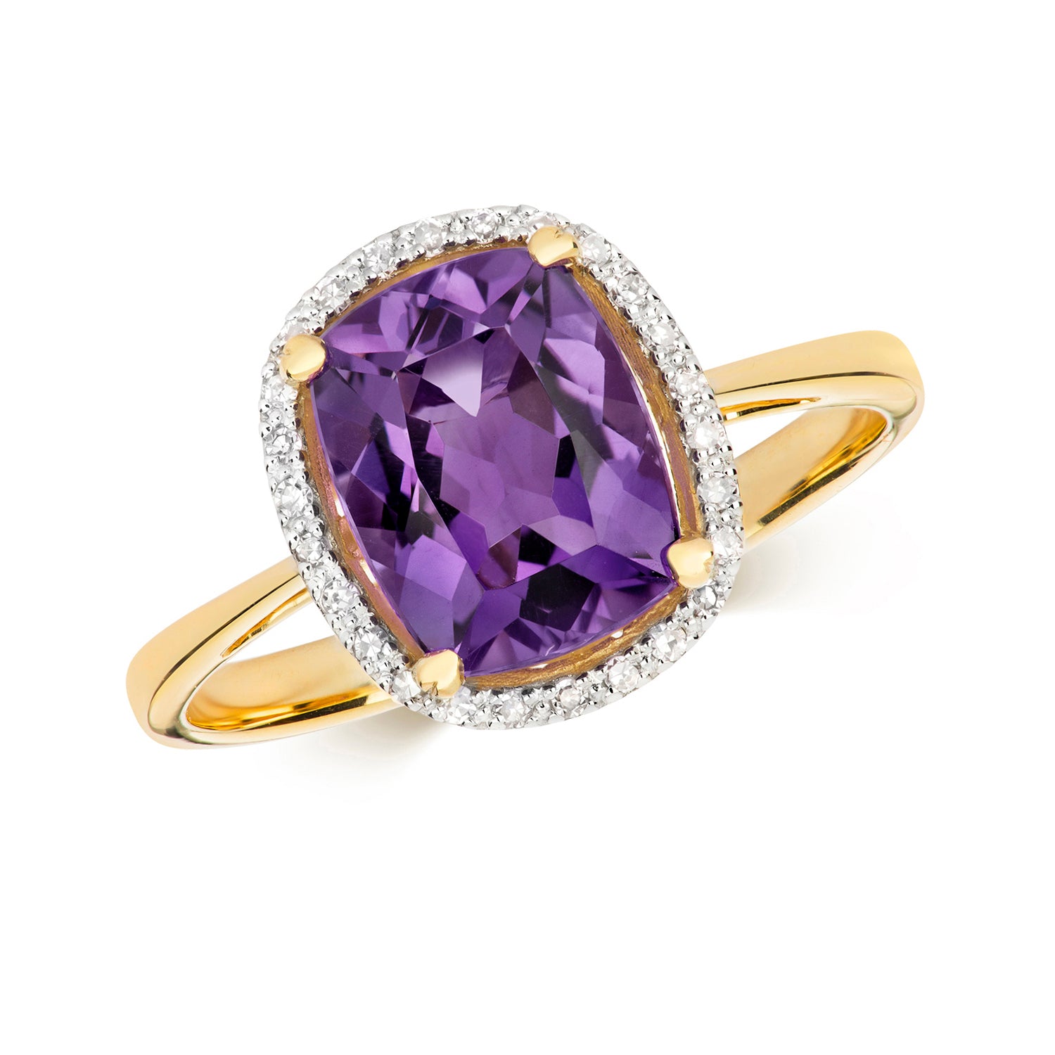 DIAMOND & AMETHYST CUSHION CLUSTER RING IN 9CT GOLD