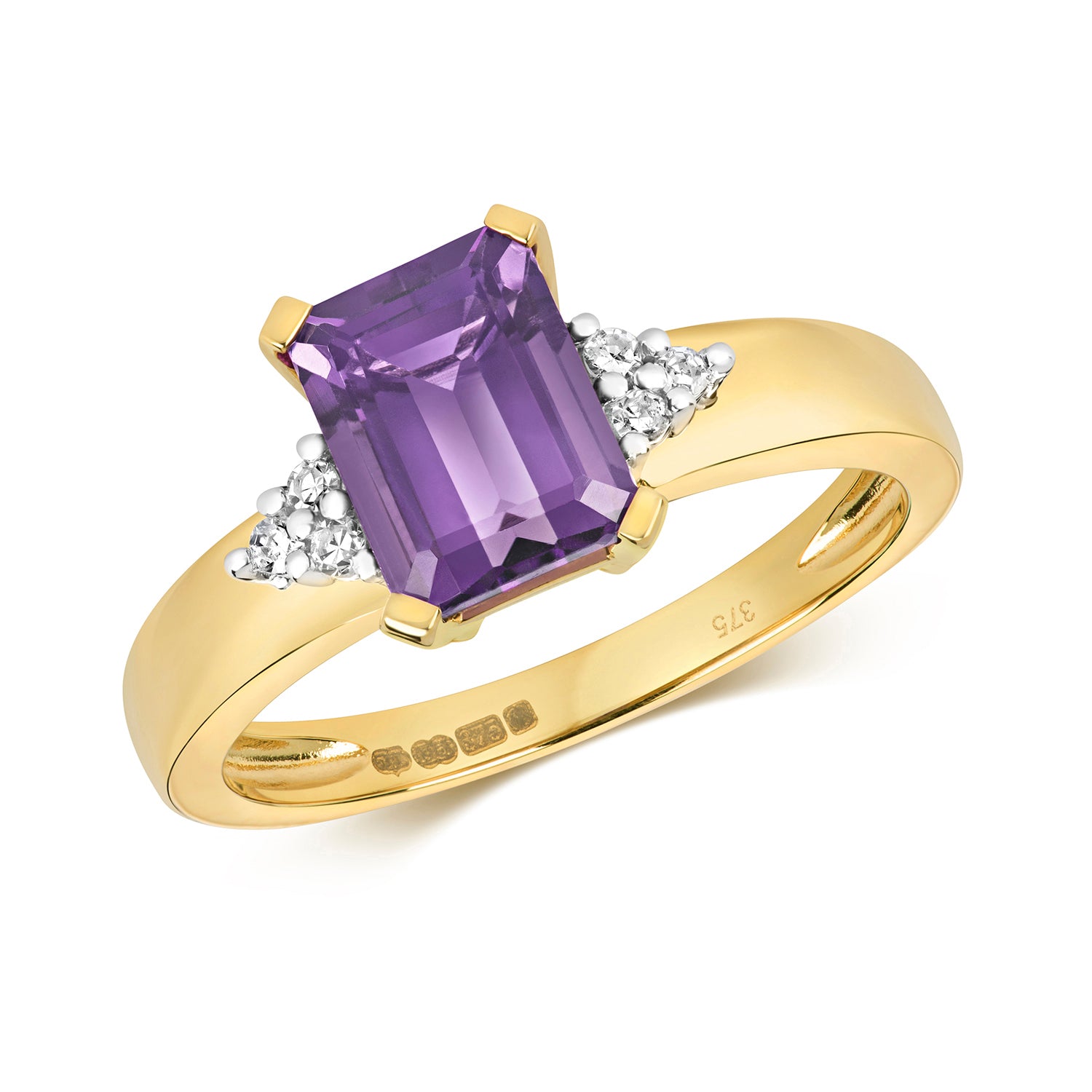 DIAMOND & AMETHYST OCTAGON WITH TRIANGULAR SIDES RING IN 9CT