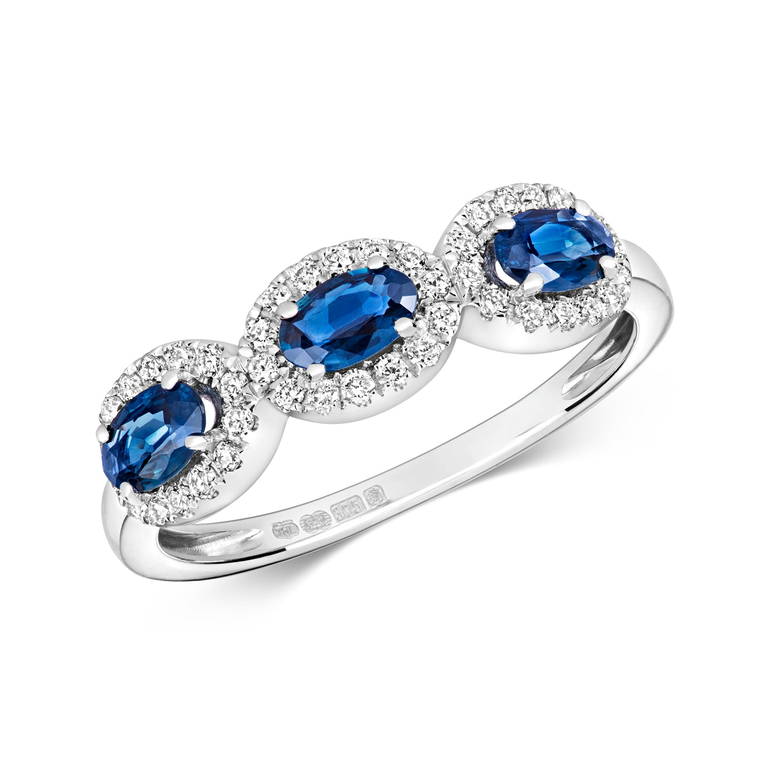 DIAMOND & SAPPHIRE OVAL CLUSTER TRILOGY RING IN 9CT WHITE GOLD